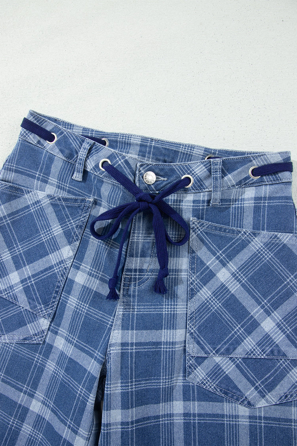 Denim Plaid Grommet Drawstring Waist Jeans
