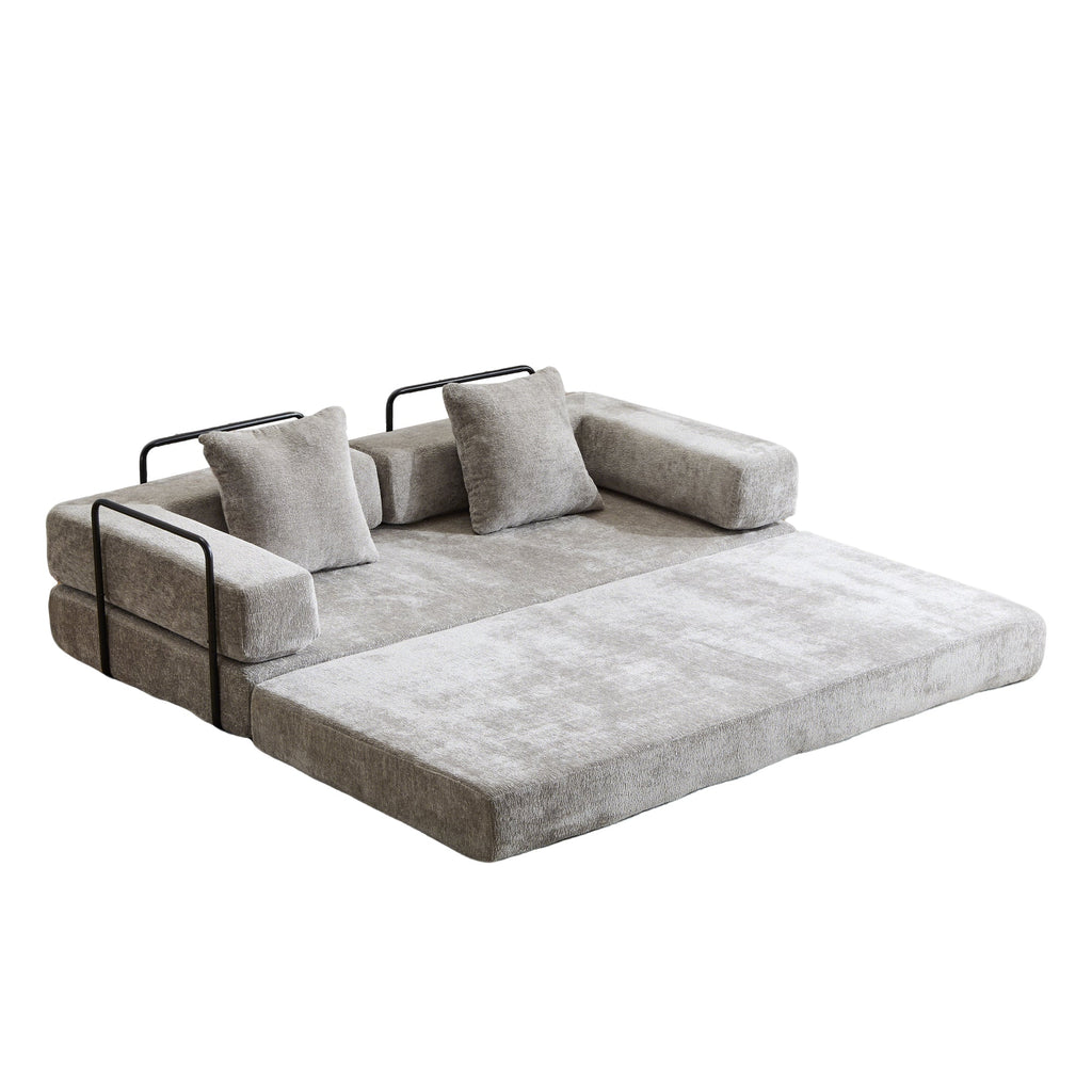 Floor Couch,Compression Sofa,Convertible Floor Sofa Bed-with Pillow Back Support Armrest,Comfy Futon Couch Lounge Sleeper Bed,Chenille fabric,for Living Room Bedroom (LIGHT-GREY)