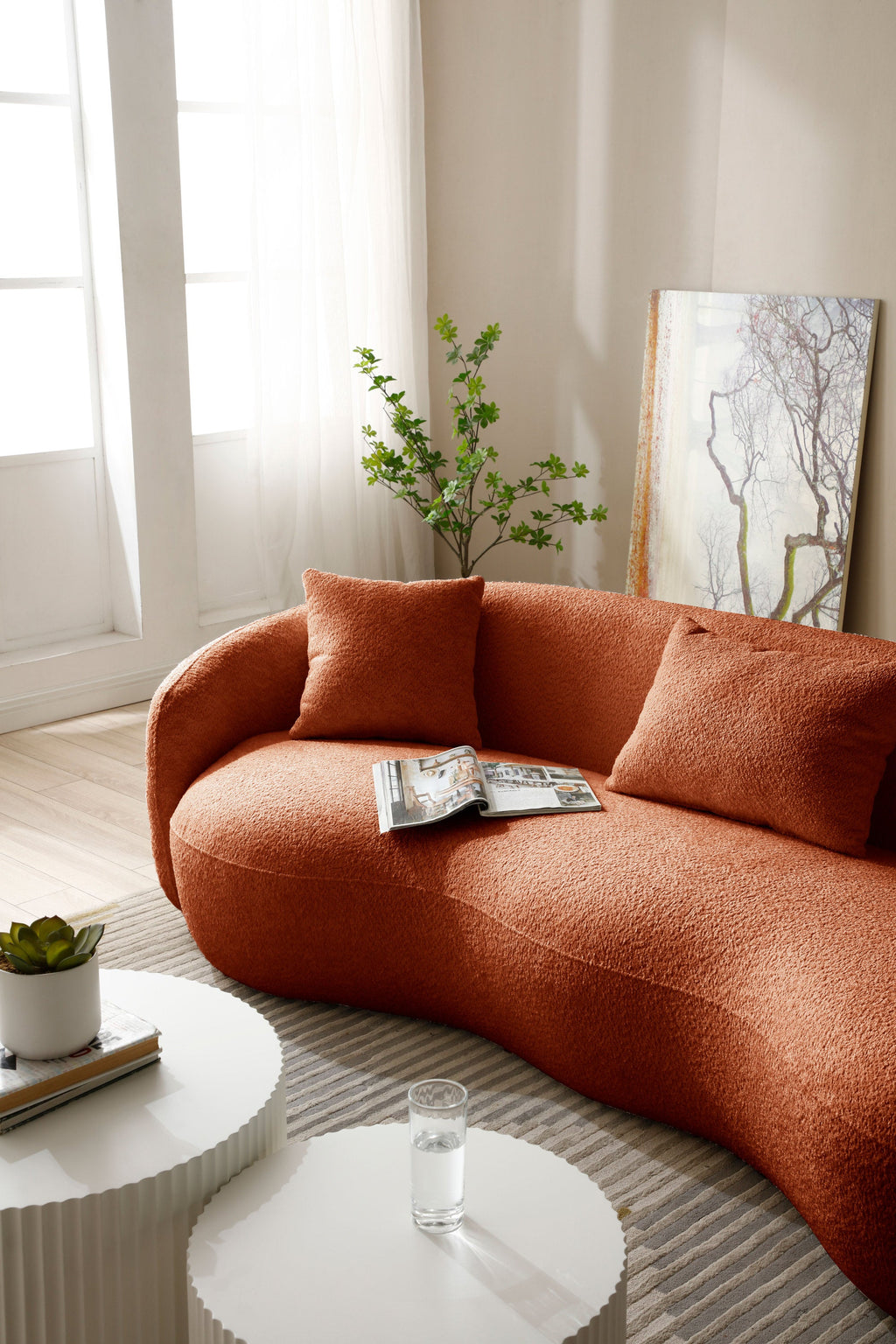 Mid Century Modern Curved Sofa,  Boucle Fabric Couch for Bedroom, Office, Apartment, Orange