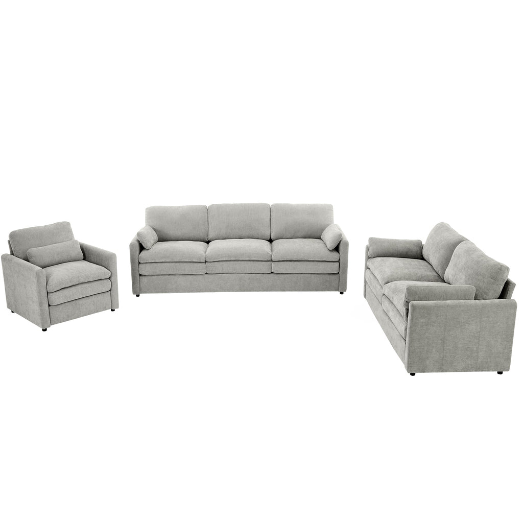 Cozy Upholstered Sofa Set with Double Cushion Design, Light Grey Chenille Fabric, Modern Living Room Couch
