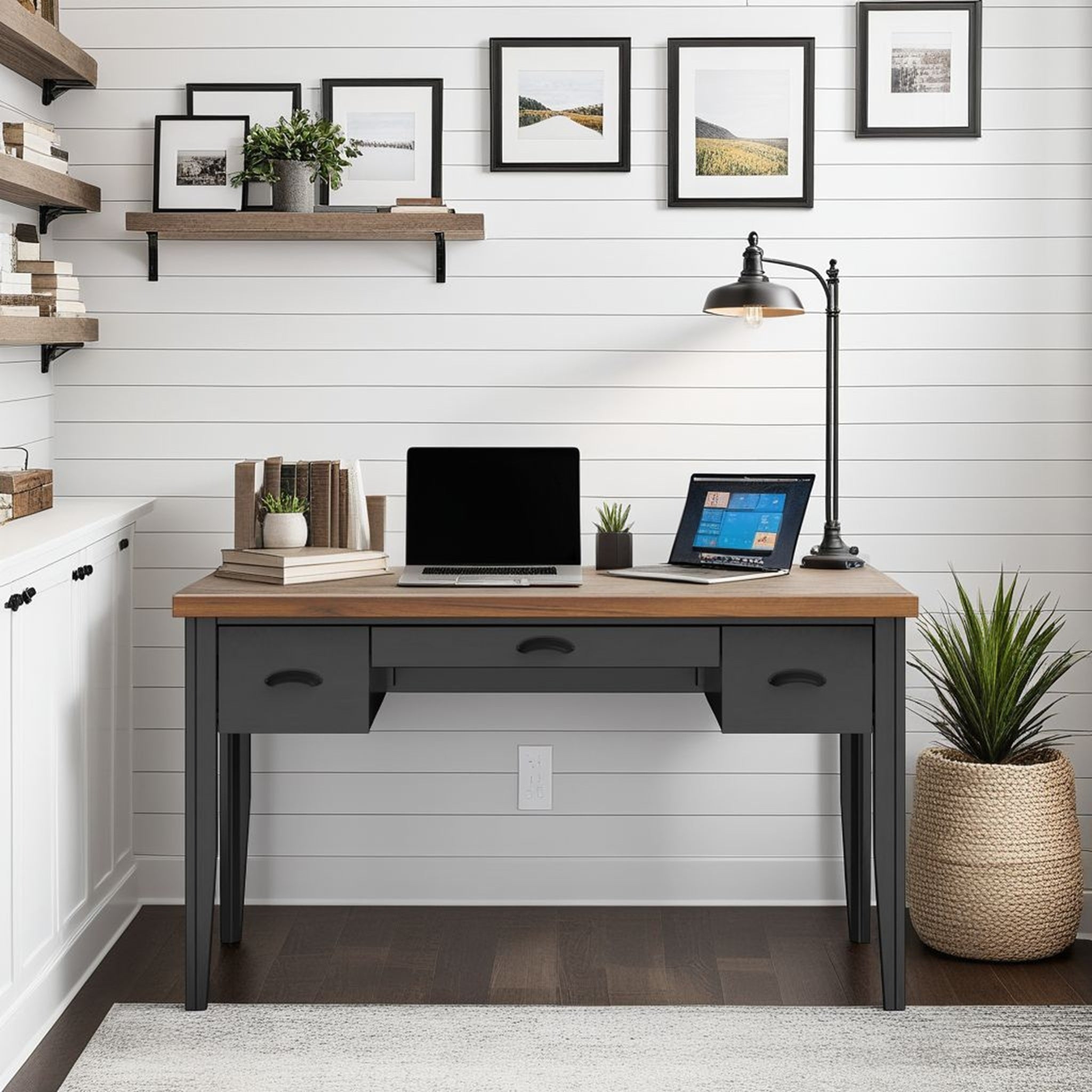 53 inch Writing Desk, No Assembly Required, Black and Whiskey Finish