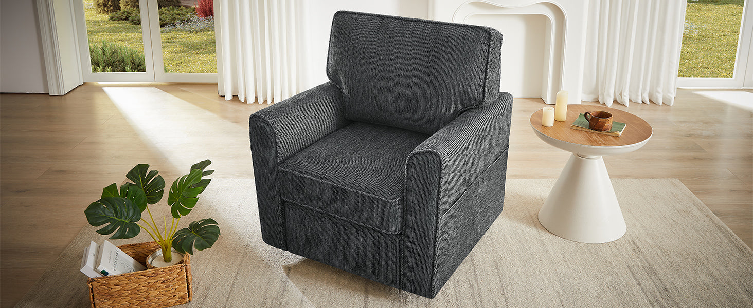 360° Swivel Chair Accent Barrel Armchair with Side Pockets, Grey Chenille, Compact Design for Living Room, Bedroom, Office