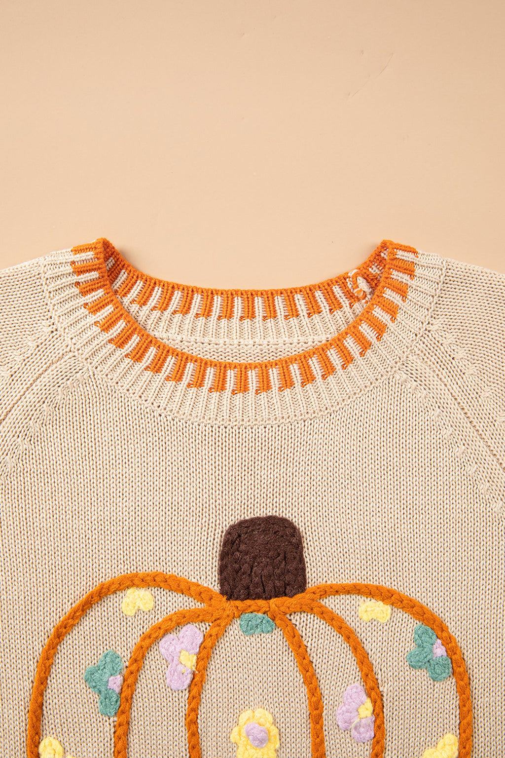 Pumpkin Floral Embroidered Round Neck Sweater
