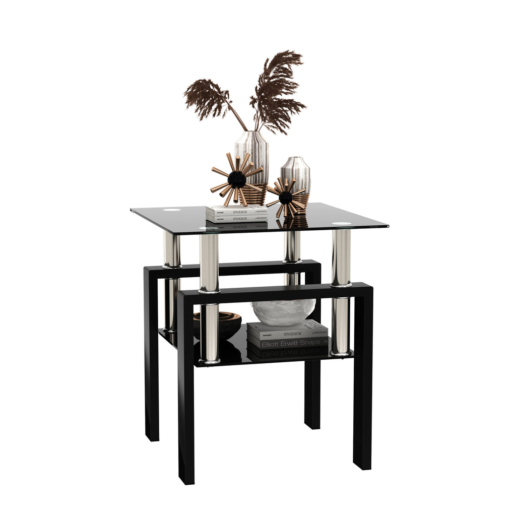 Modern Tempered Glass Tea Table Coffee Table End Table, Black, Square, 1-Piece for Living Room