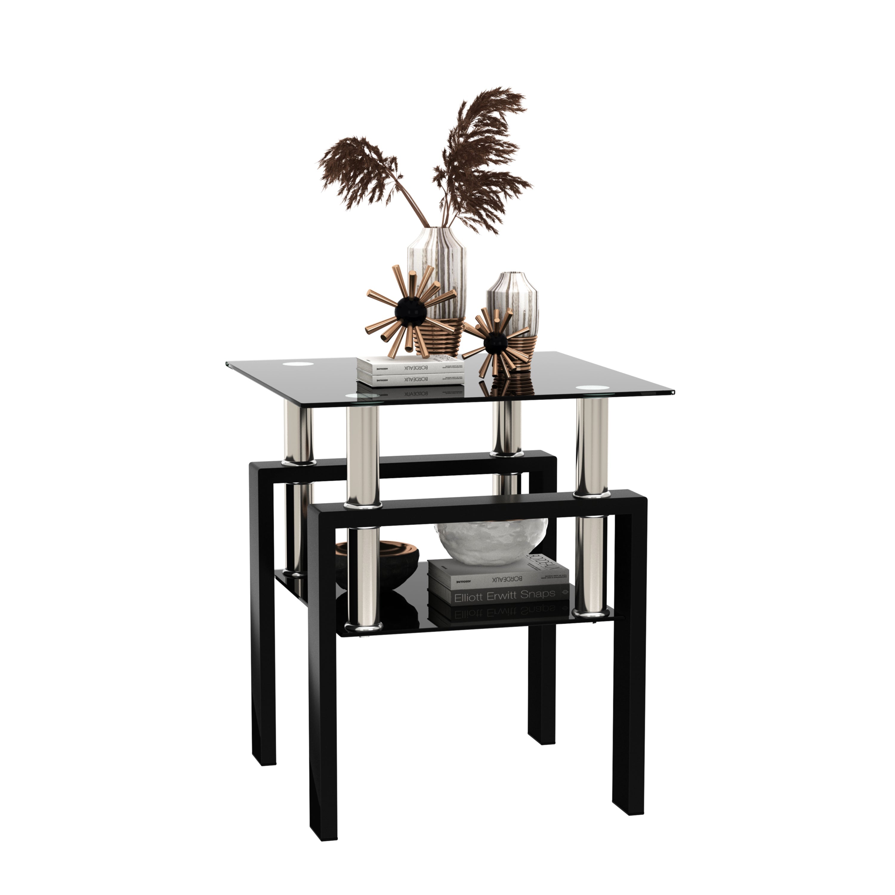 Modern Tempered Glass Tea Table Coffee Table End Table, Black, Square, 1-Piece for Living Room