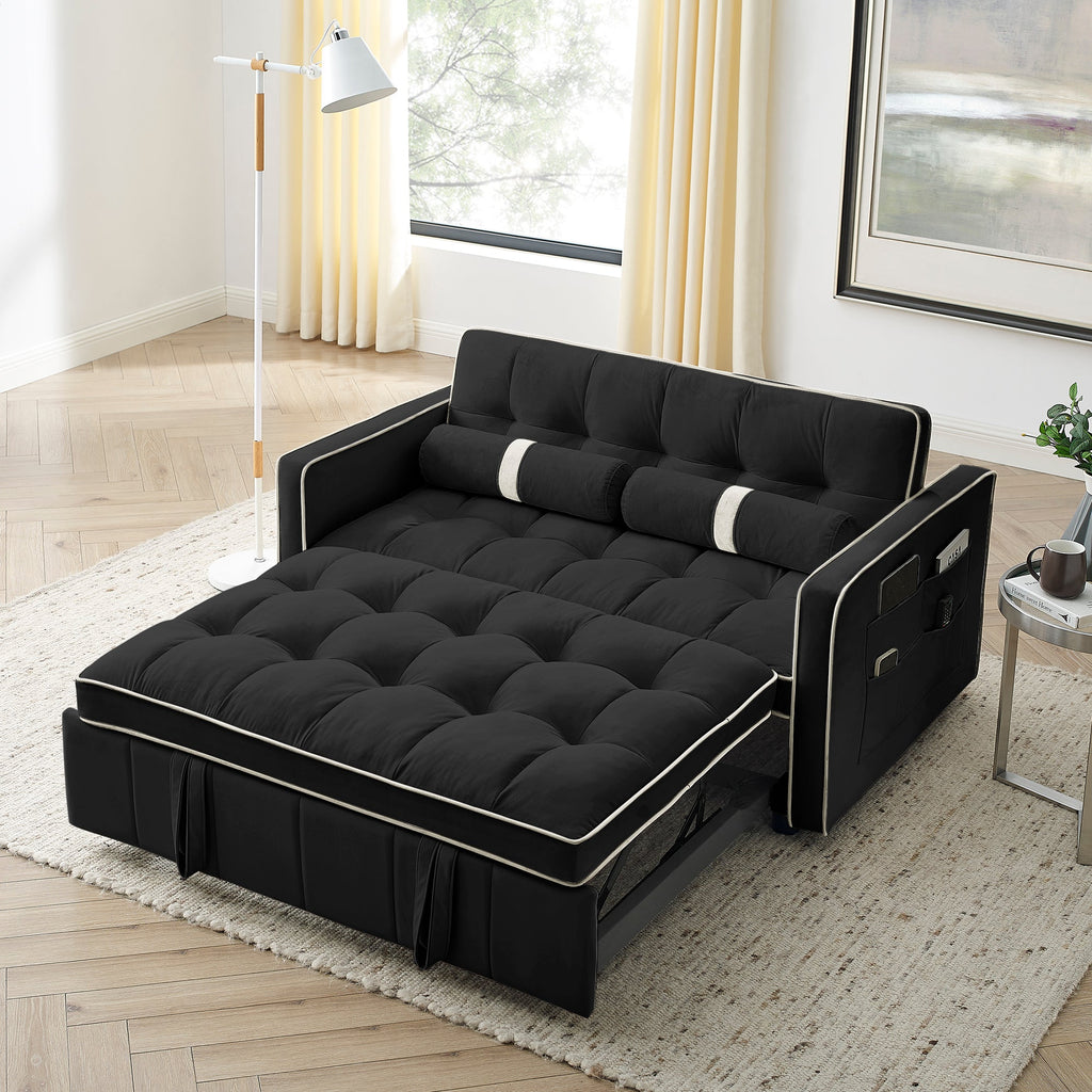 Modern 55.5' Pull Out Sleep Sofa Bed 2 Seater Loveseats Sofa Couch with side pockets, Adjsutable Backrest and Lumbar Pillows for Apartment Office Living Room