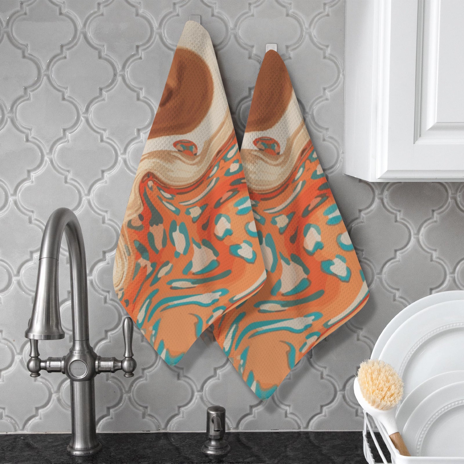 Orange Marble Kitchen Dish Towels - Pack of 2 (Made in USA)
