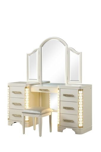 JASMINE Queen 5 Pc Unique LED Vanity Bedroom Set made with Wood in Beige (NJ INVENTORY)