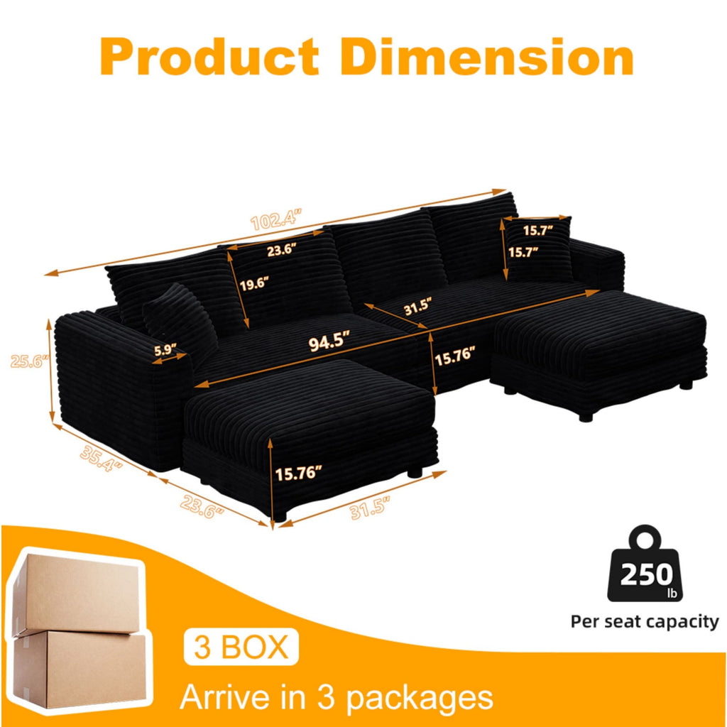 104.3 ' Plush Corduroy 4-Seat Sofa, Modern Comfy Upholstered Sofa Cloud Couch, Deep Seat Couches with Soft Pillows and 2 Ottomans, Convertible Sofa Lounge Chair, for Living Room,Apartment,Office,Black