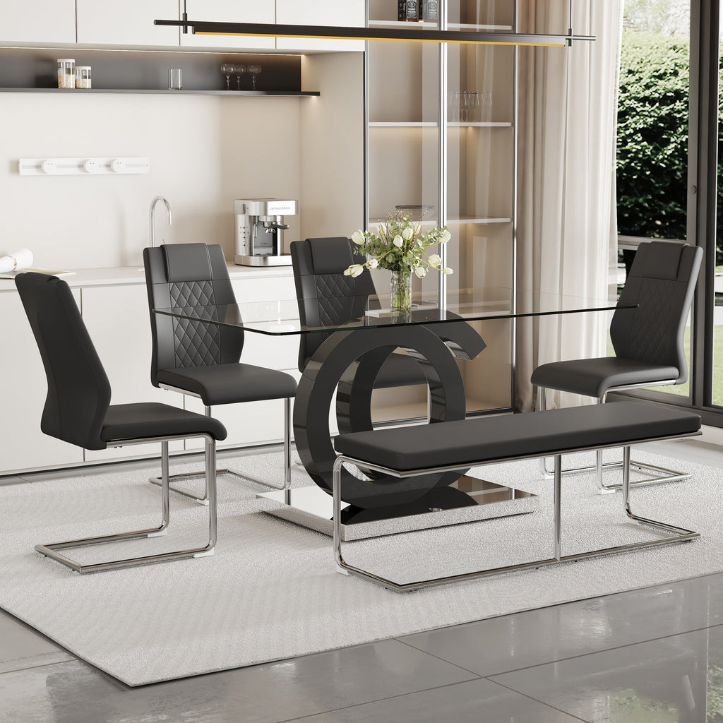 Table and chair set. Luxury Tempered Glass Dining Table Set - 63'x35.4' With 4 Chairs and 1 Bench,A Choice of Subtle Luxury for Modern Homes.Tempered Glass Tabletop,MDF OC Shaped Bracket.W1151S02896