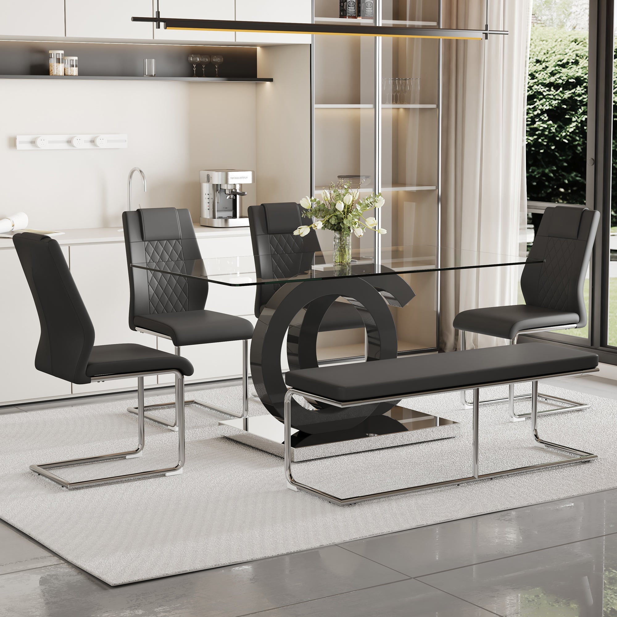 Table and chair set. Luxury Tempered Glass Dining Table Set - 63'x35.4' With 4 Chairs and 1 Bench,A Choice of Subtle Luxury for Modern Homes.Tempered Glass Tabletop,MDF OC Shaped Bracket.W1151S02896
