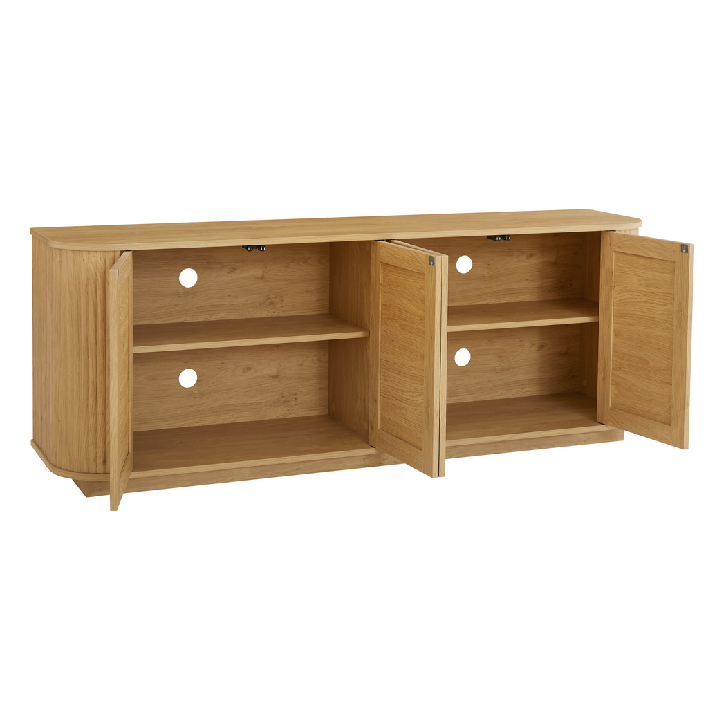 Contemporary Wave-Shaped TV Stand with Rattan Doors, Natural Wood Finish, 64''W x 15''D x 24''H