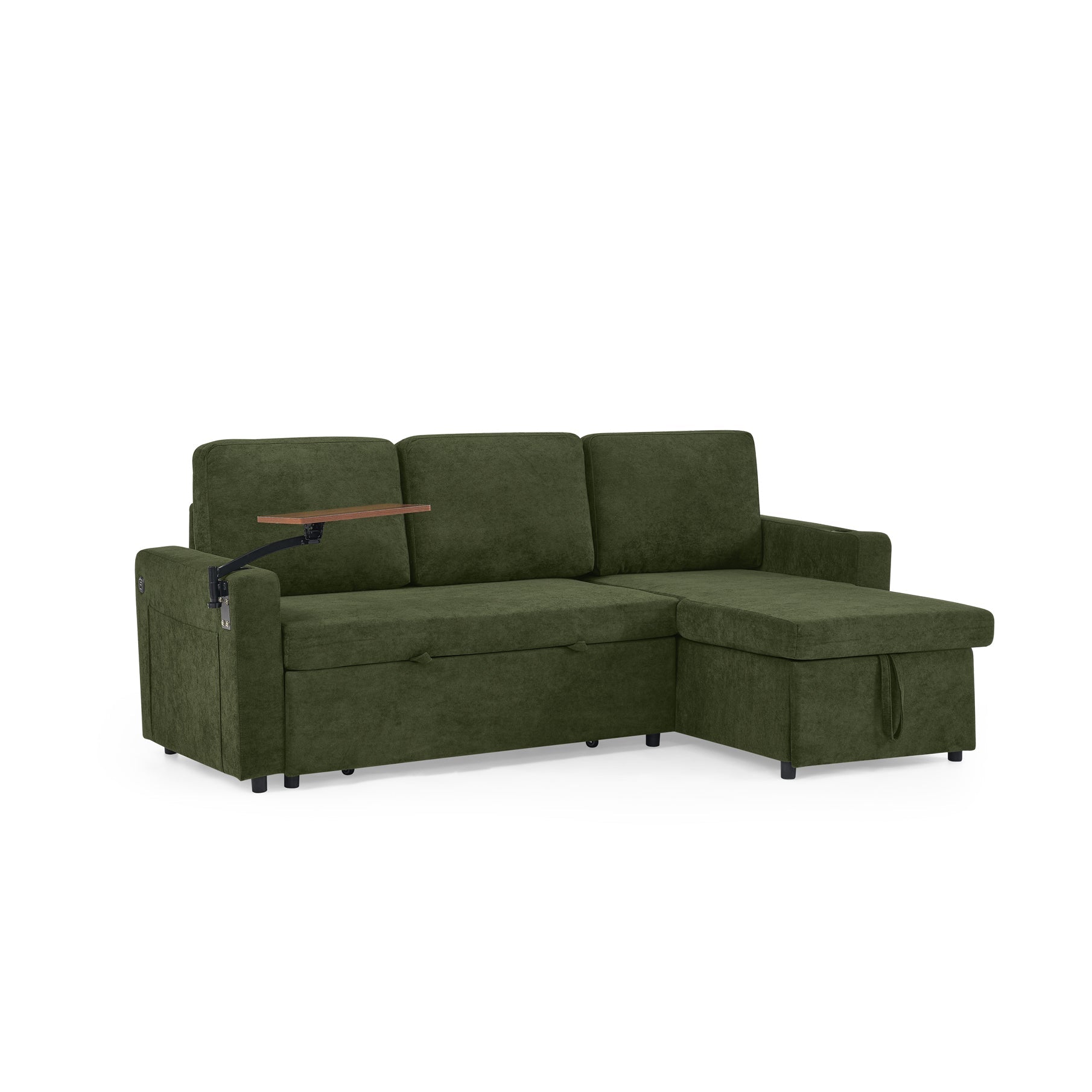 Modern Chenille Multi-functional Pull-Out Bed Sofa with Retractable Table and LED Lighting, USB Charging Ports and Cup Holders, Green
