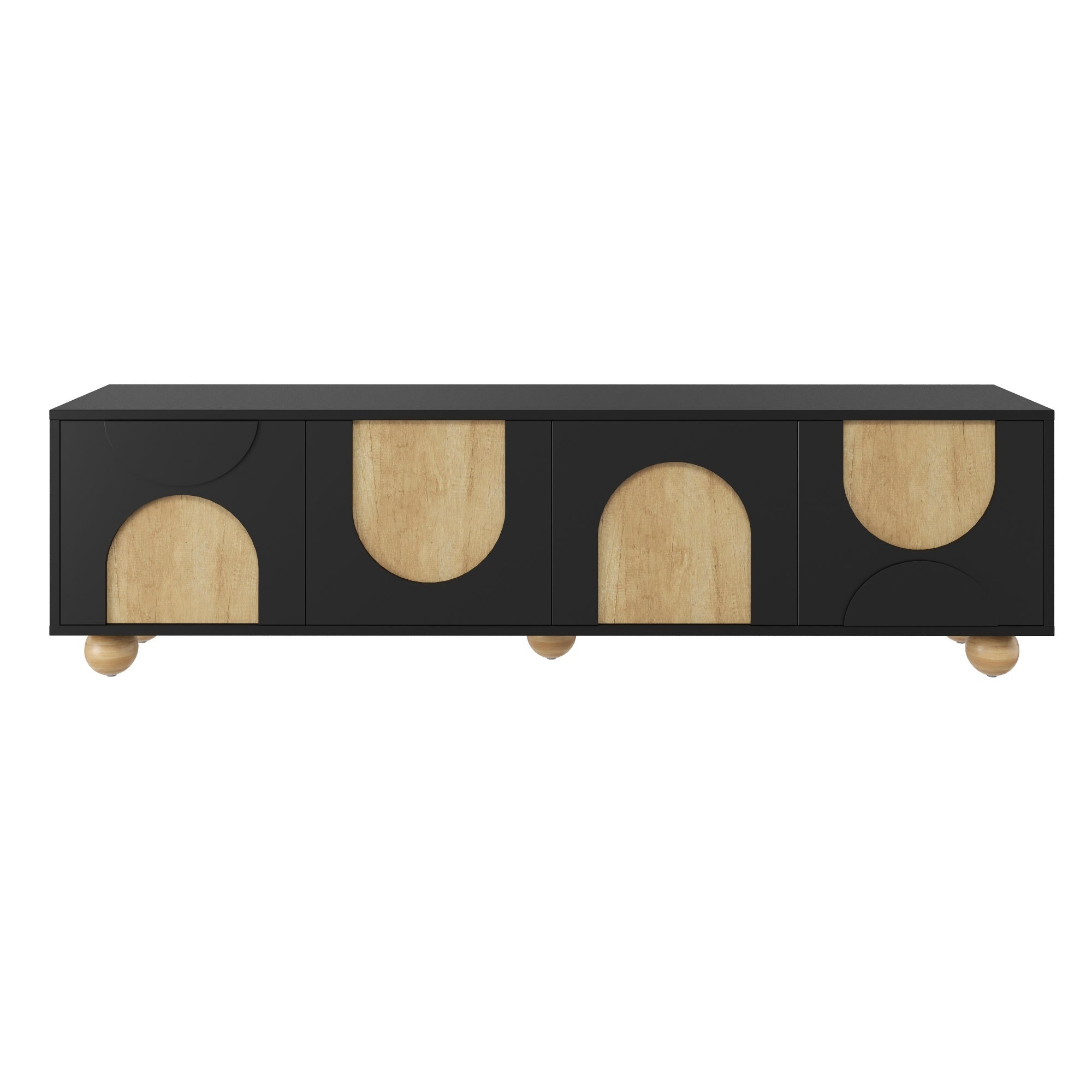 Farmhouse TV Stand with Cable Holes for TVs up to 75', Cream Style Media Console with Rebound Device, Elegant Entertainment Center with 5 Solid Wood Legs for Living Room, Bedroom, Black, 69.6'W