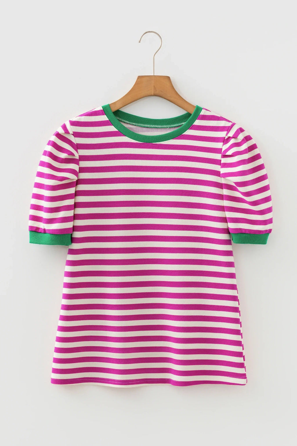 Stripe Contrast Trim Short Puff Sleeve Tee