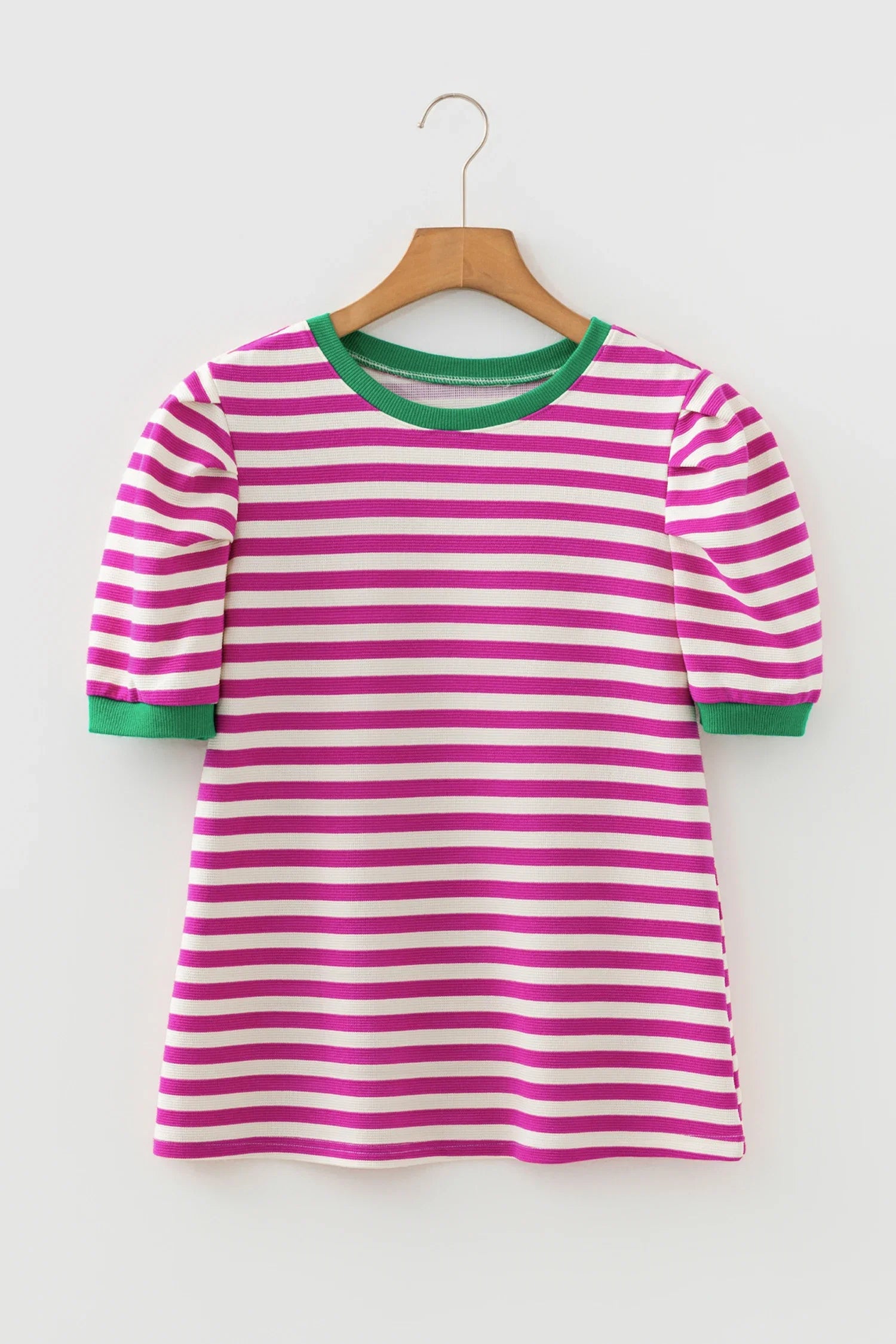 Stripe Contrast Trim Short Puff Sleeve Tee