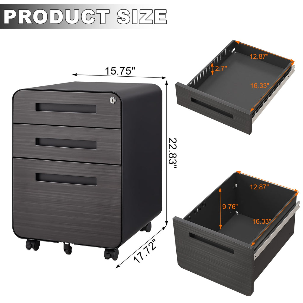 3 Drawer Mobile File Cabinet Under Desk Office,Simple Style Versatile Storage Cabinet for Legal/Letter/A4 Files, 5 Wheel Design Anti-Tilting Cold Rolled Steel Waterproof Moisture-Proof Black
