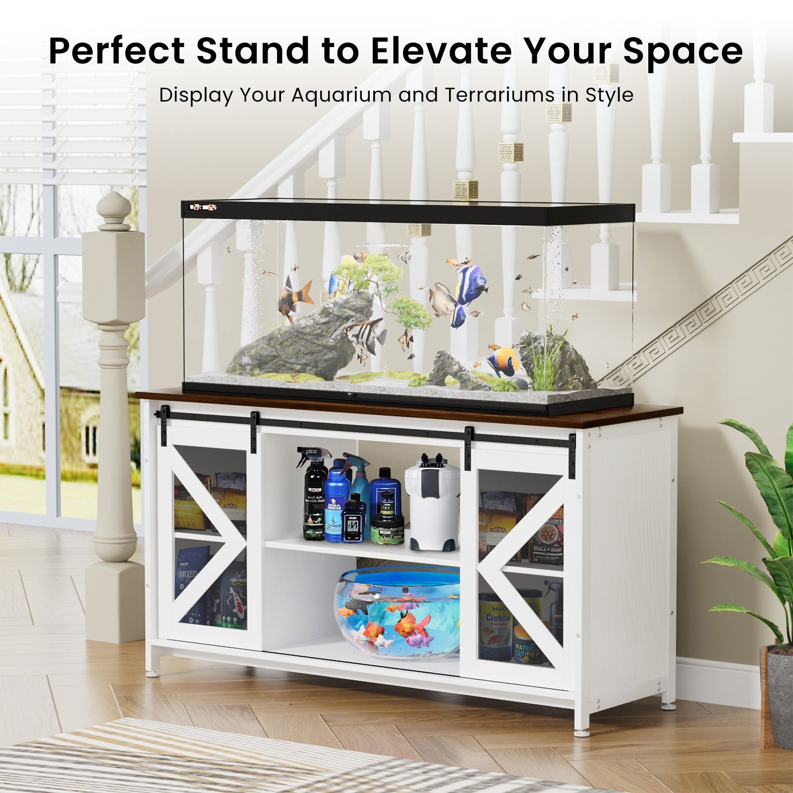 Metal Aquarium Stand with Cabinet for Fish Tank Accessories Storage, 80 Gallon, Turtle/ Reptile Terrariums, White, 58.9'' L x 19.7'' W x 32.6'' H.