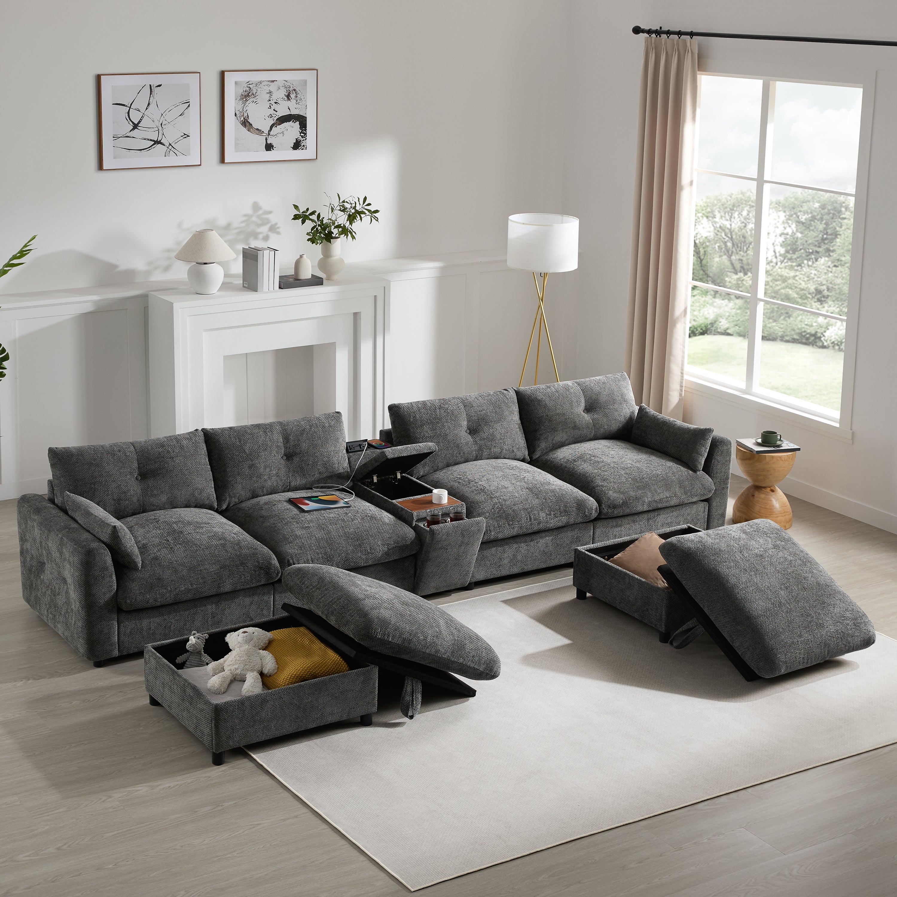[VIDEO+NEW]142'' Modular Sectional Sofa with Movable Storage Ottoman and Console,Cup Holder,Wide Seat,6 Seat U Shaped Couch,Oversized Chenille Sofa with USB Charger for Living Room,Apartment,2 Colors