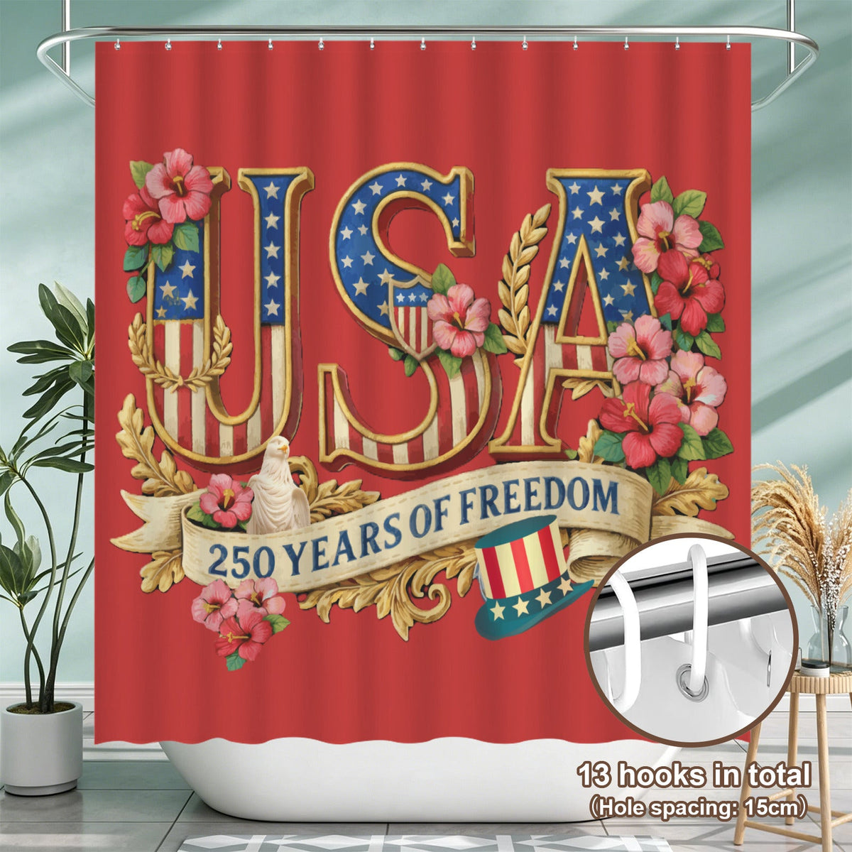 Patriotic USA 250 Years of Freedom Shower Curtain 78" × 71" | Ships from USA