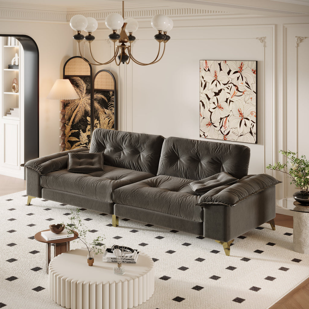 104.7 ' Modern 4-Seat Cloud Sofa with Wide Removable Armrests, Tufted Sofa with Metal Legs,Comfy Chenille Upholstered Couch with 2 Pillows for Living Room,Bedroom,Apartment, Office,Studio,Dark Gery