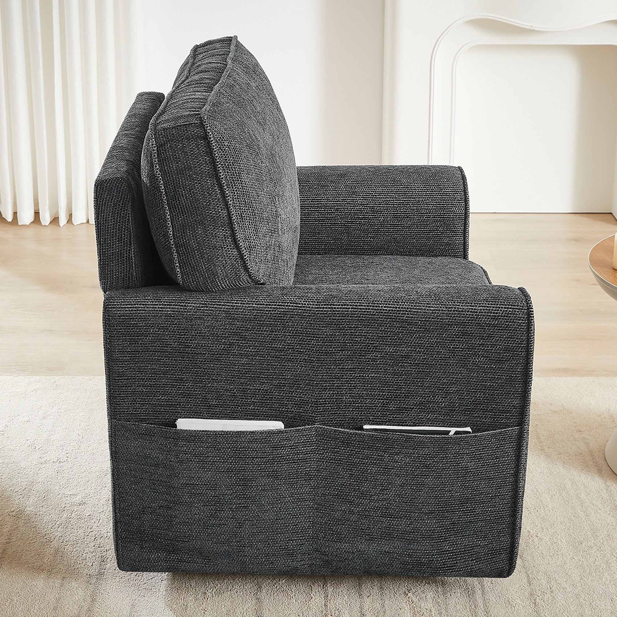 360° Swivel Chair Accent Barrel Armchair with Side Pockets, Grey Chenille, Compact Design for Living Room, Bedroom, Office