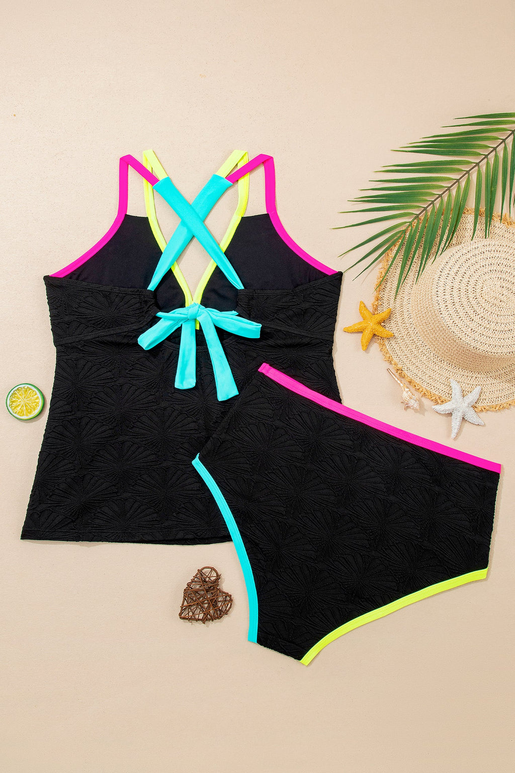 Floral Textured Neon Trim Crisscross Tankini Set