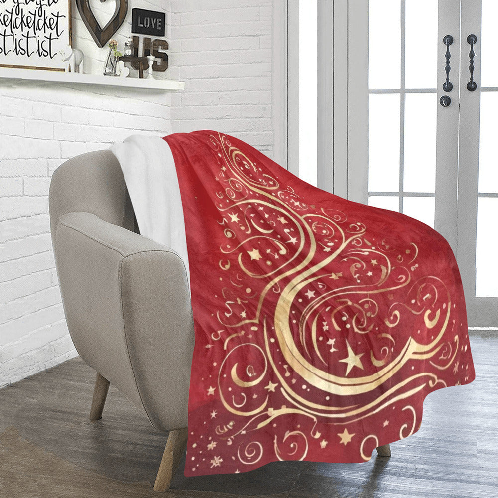 Gold Christmas Tree on Red Ultra-Soft Micro Fleece Blanket (Made in USA)