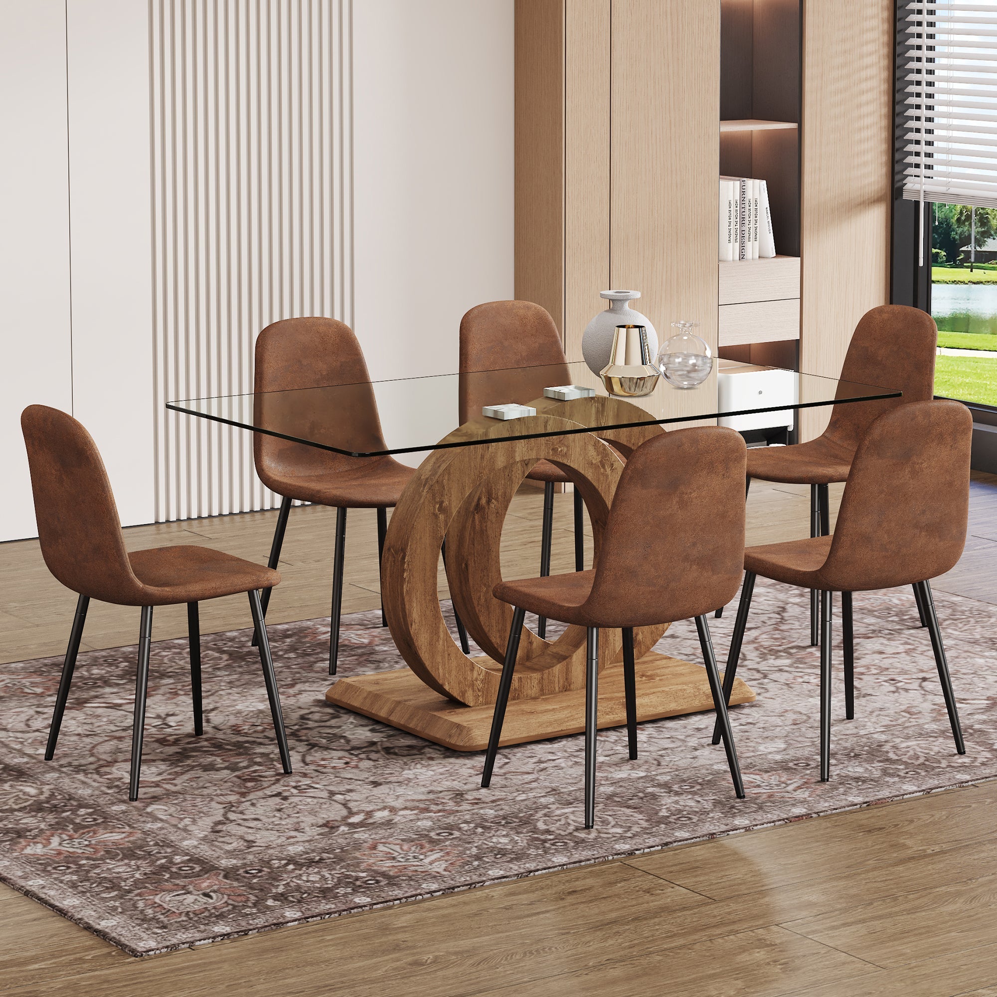 1 table and 6 chairs set.63'x35.4x30' Rectangular Transprant Tempered glass Dining Tabletop with Wood color MDF OC shaped bracket.Paired with 6 brown technology fabric dining chairs.W1151S02013