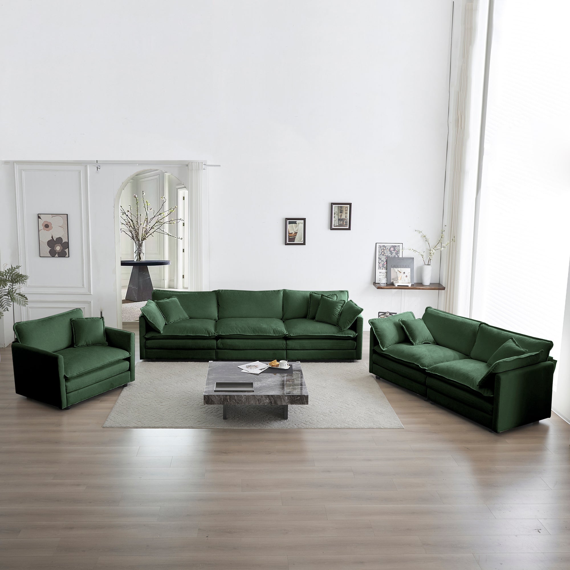 Modern Sofa Couch, 3 Piece Set Extra Deep Seat Sectional Sofa for Living Room, Oversized Sofa, 3 Seat Sofa, Loveseat and Single Sofa, Green Chenille