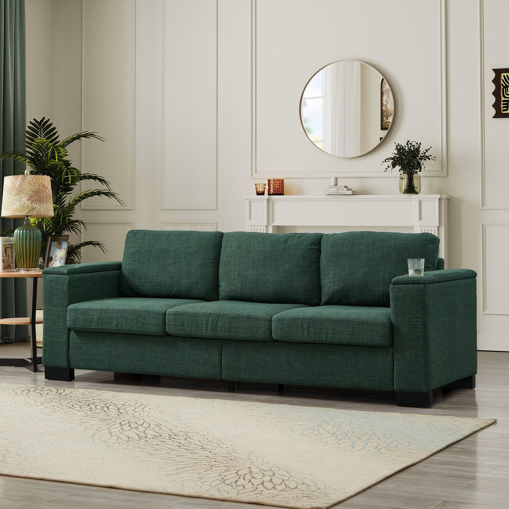93.7' Modern Style Living Room Sofa Fabric Couch,Square Arm Sofa with Cup Holder,Storage Sofa,Upholstered Polyester Green.