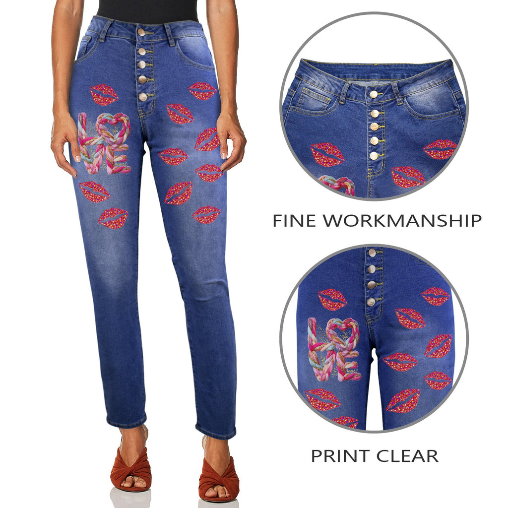 Women's Yarn Love and Red Lips Decorated Jeans with Front Printing