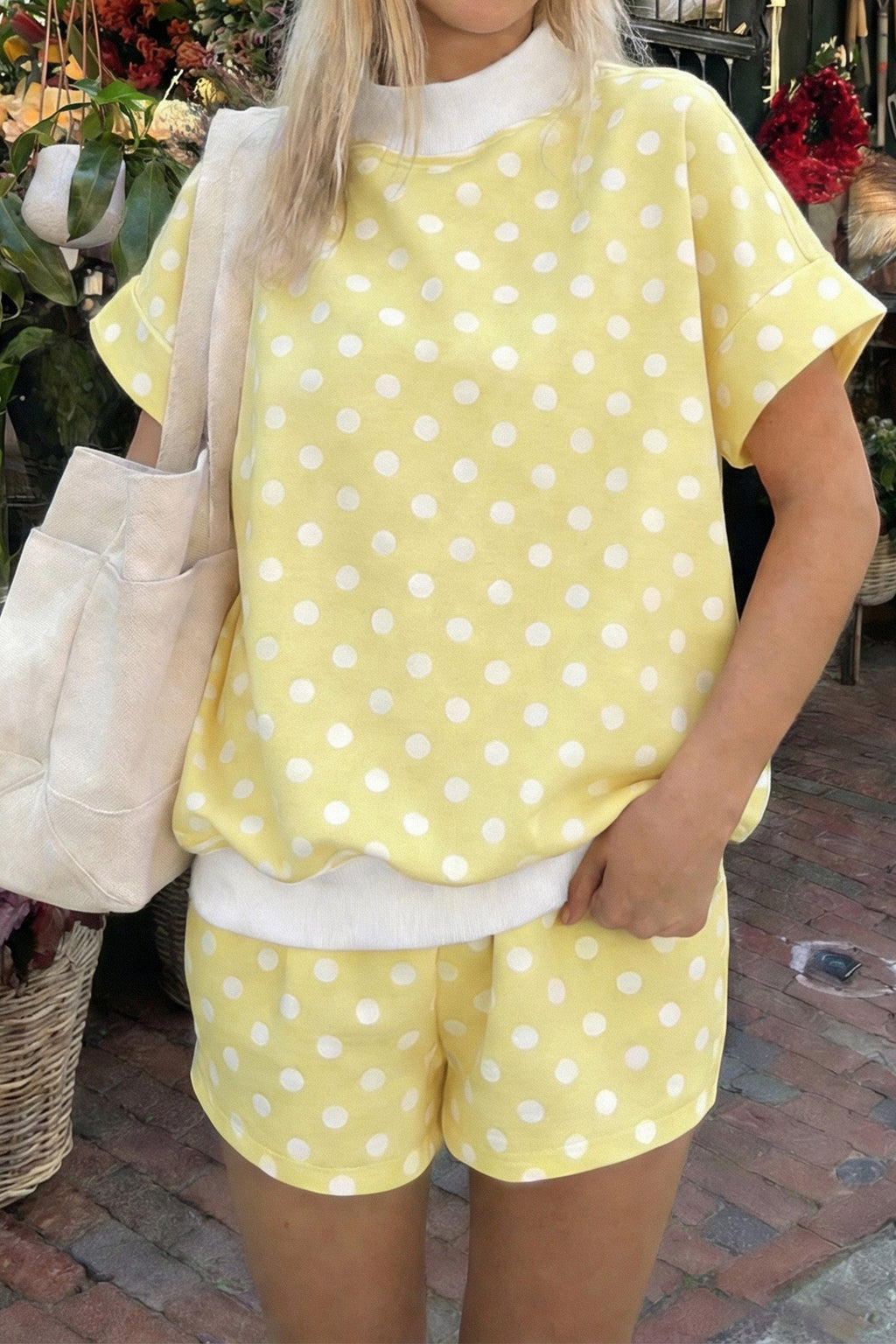 Polka Dot Colorblock Mock Neck & Shorts Set