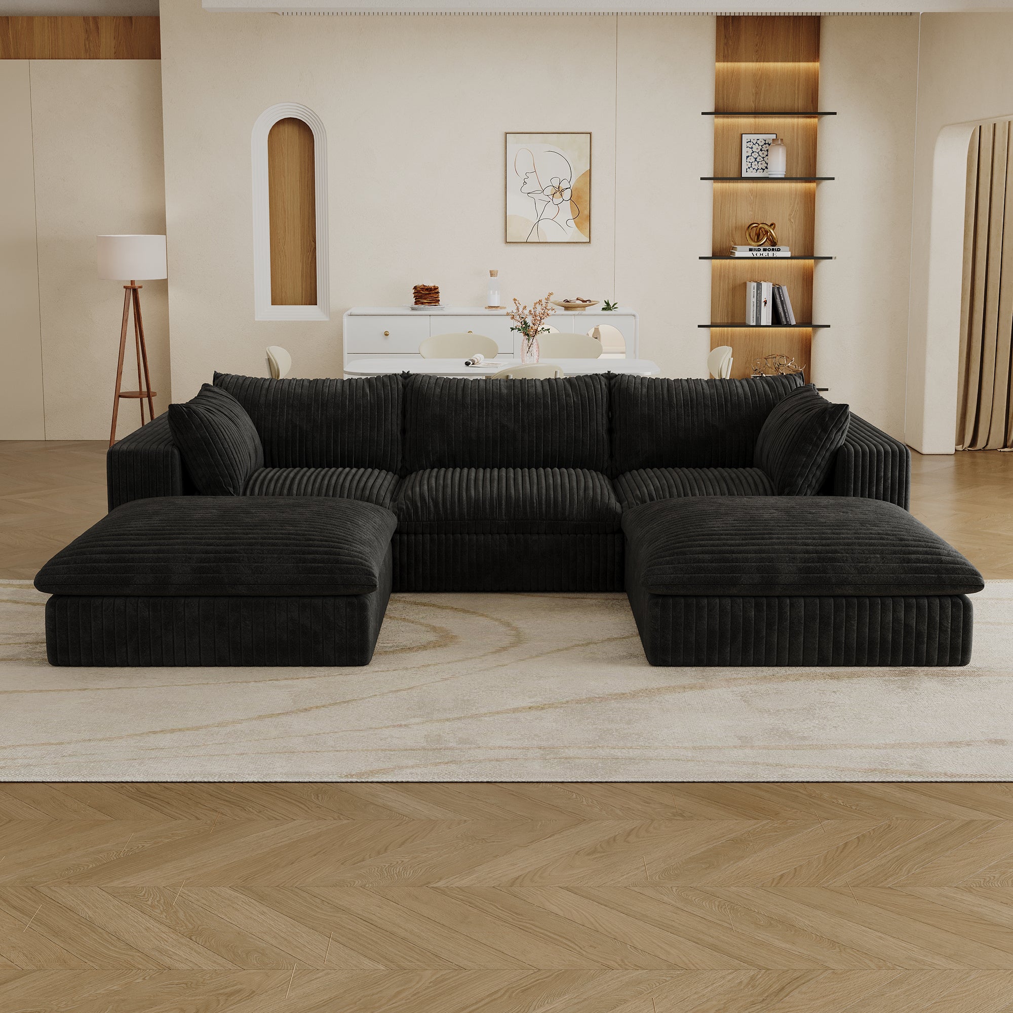 118.2' Cloud Sofa,Corduroy Fabric,Deep Seat Couches,Double-layer design,Removable Cushion,No Assembly, DIY Combination for Living room, Bedroom,Conference room ,Apartment,Black