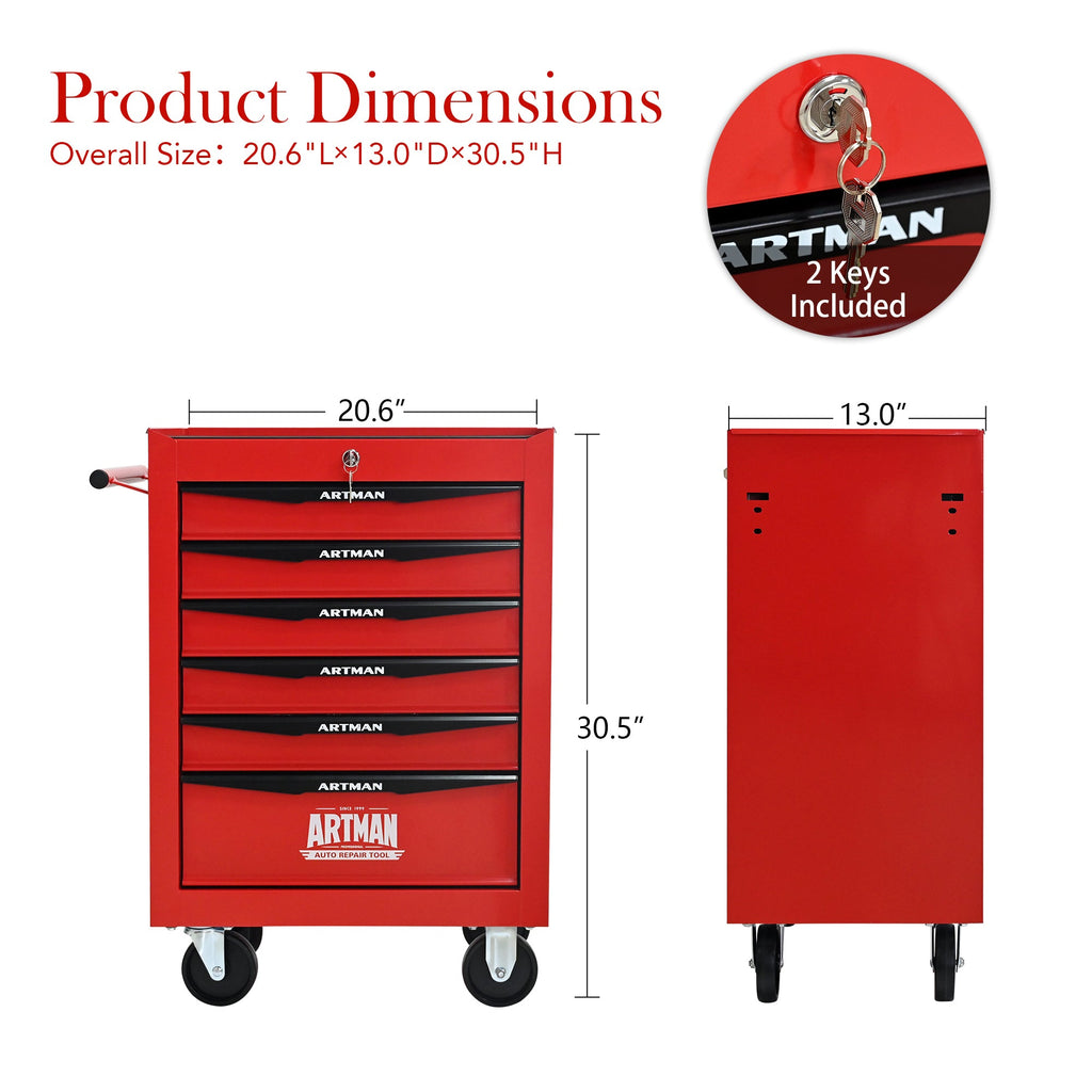 Rolling Metal Tool Chest with 6 Drawers, 20' Steel Storage Cabinet with Ball Bearing Slides, Red and Black Finish