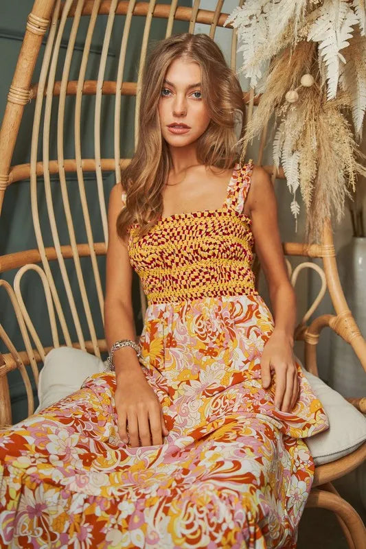 Davi & Dani Multi Smocked Bodice Geo Ruffle Strappy Midi Dress