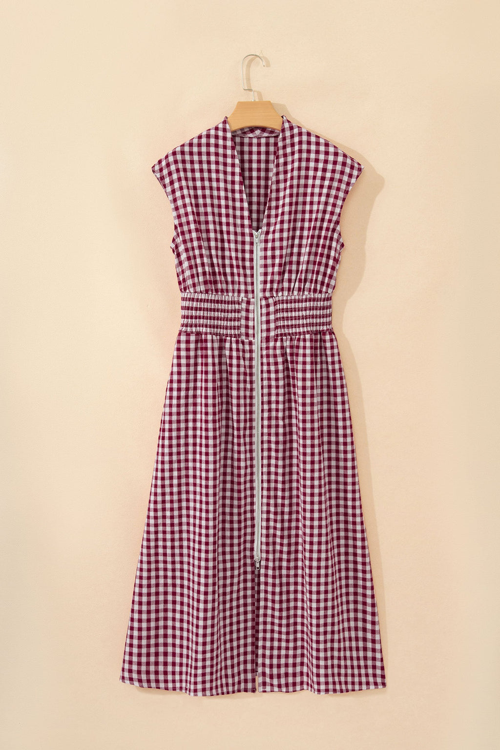 Gingham Plaid Zipped Cinched Waist Maxi Dress