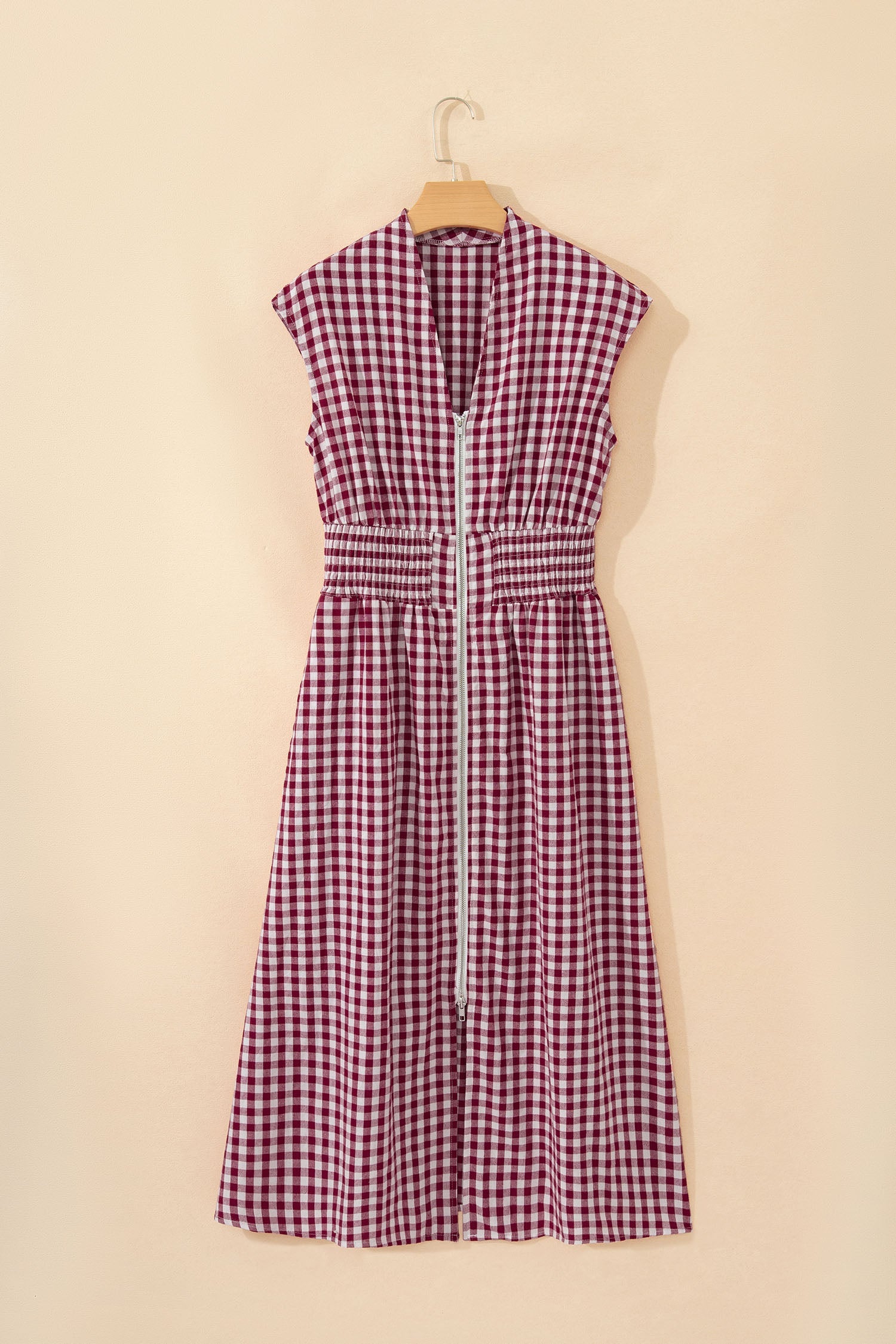 Gingham Plaid Zipped Cinched Waist Maxi Dress