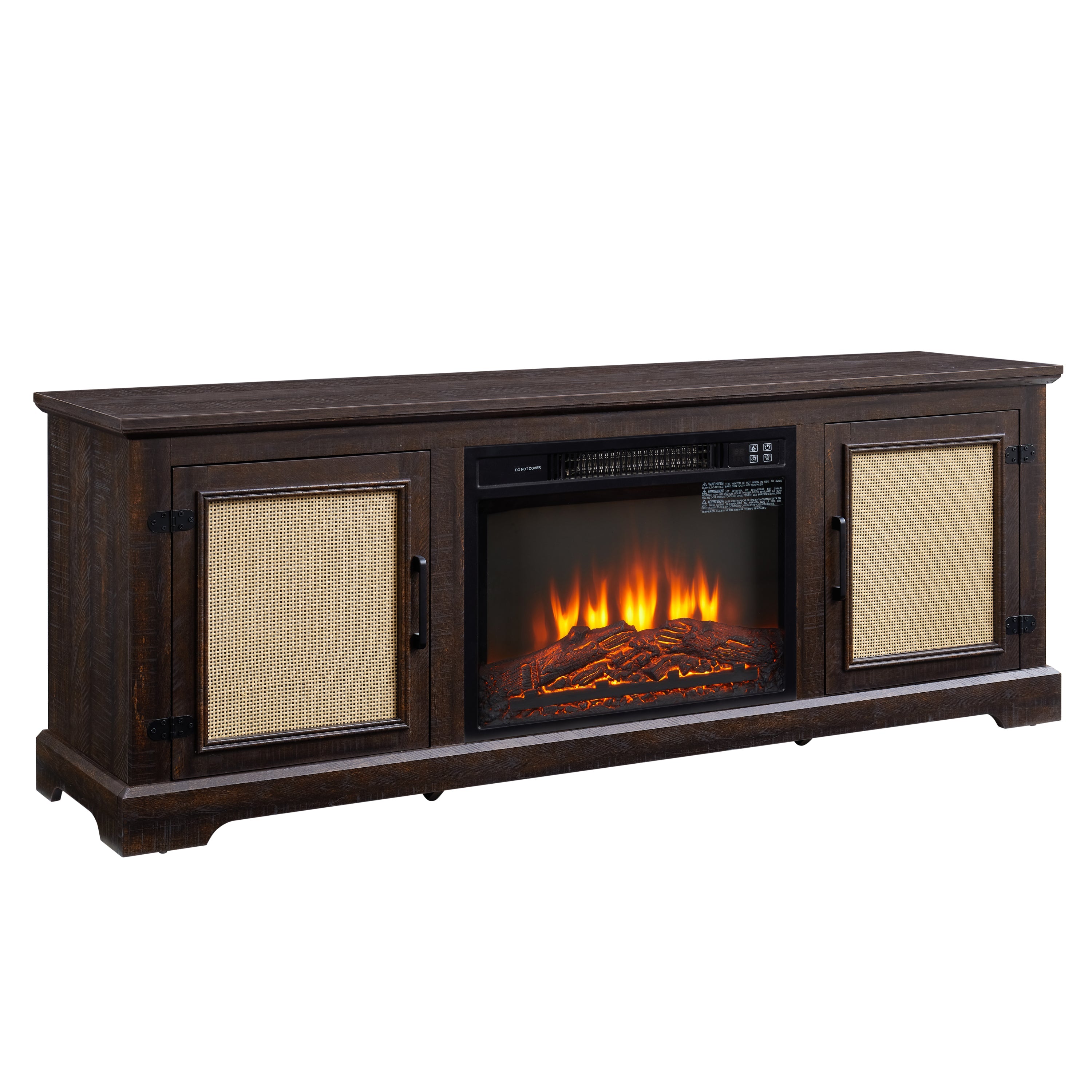 Natural Rattan Door Cabinet with Adjustable Shelf Wood, Farmhouse Rattan TV Stand Console Table for TVs up to 70 Inches, Storage tv stand with 23' fireplace insert, 65'W*15.55'D*23.86'H, Espresso