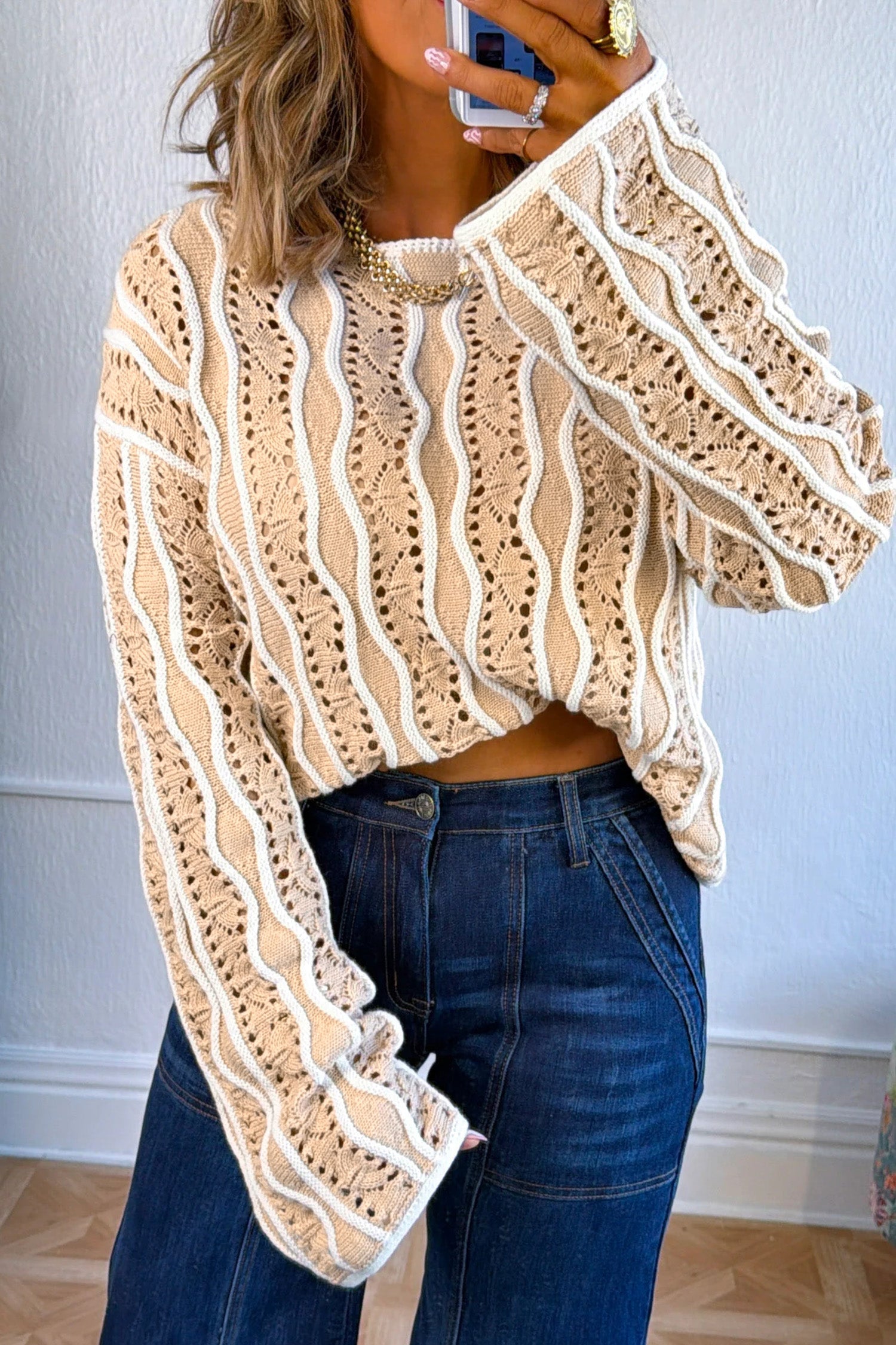 Colorblock Wavy Pointelle Knit Long Sleeve Sweater