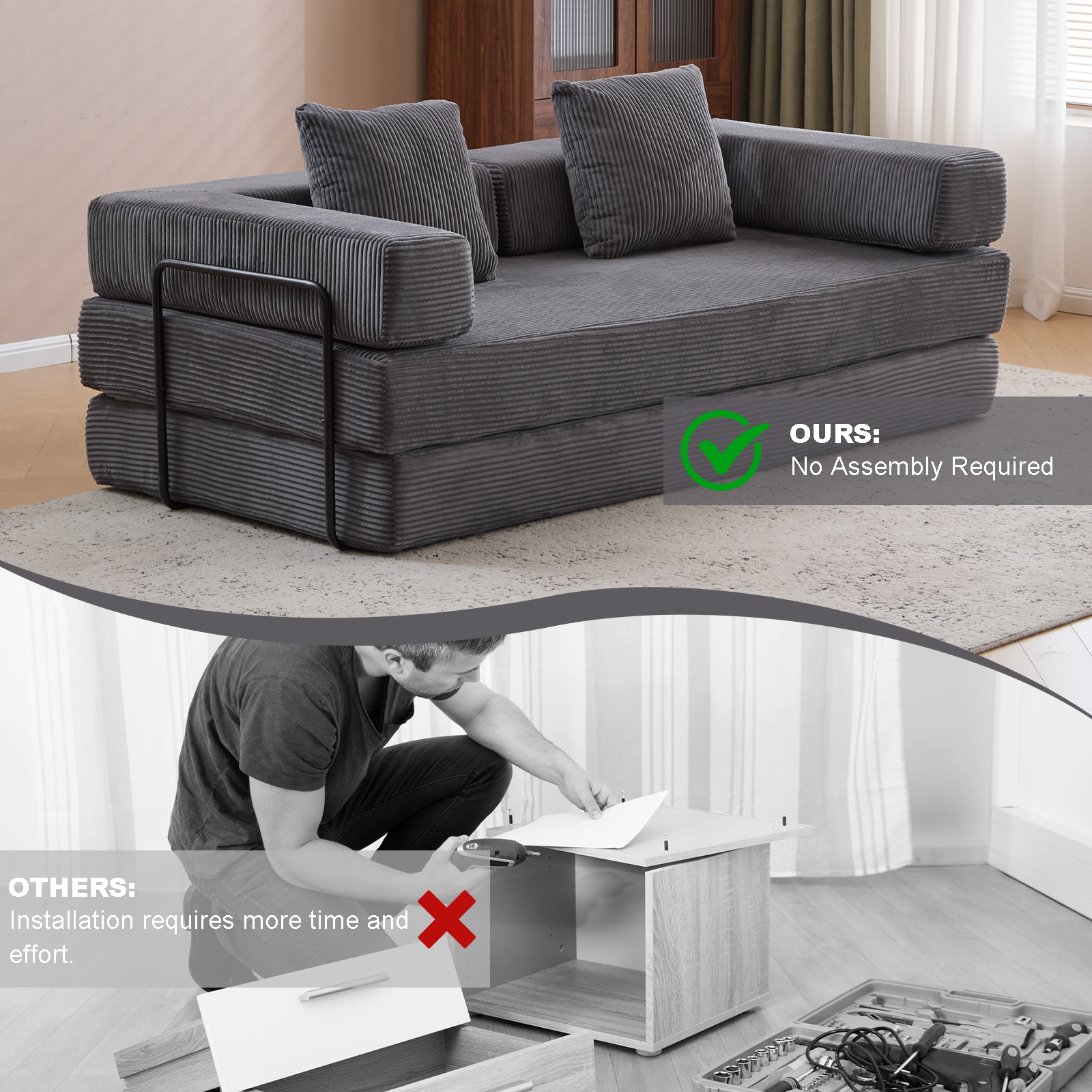 Floor Couch,Compression Sofa,Convertible Floor Sofa Bed-with Pillow Back Support Armrest,Comfy Futon Couch Lounge Sleeper Bed,Corduroy Fabric,for Living Room Bedroom (dark grey)