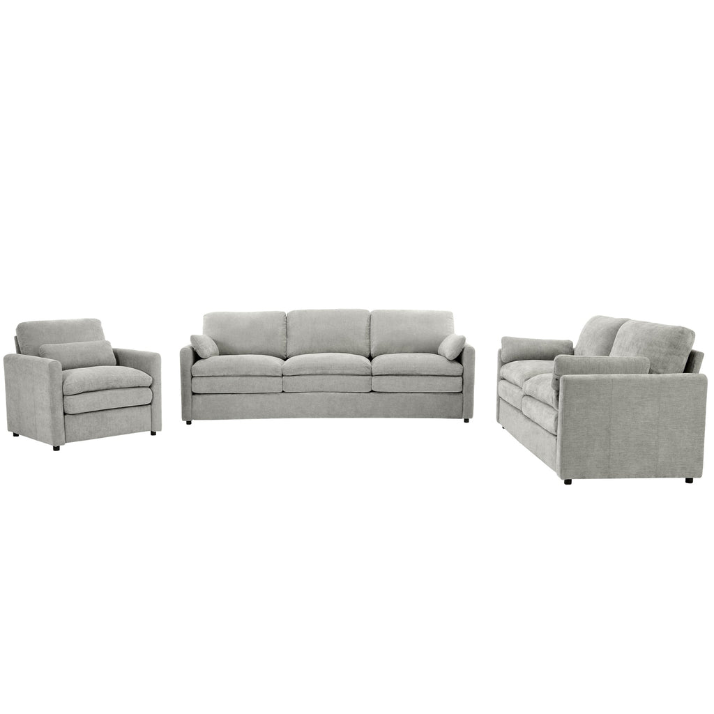 Cozy Upholstered Sofa Set with Double Cushion Design, Light Grey Chenille Fabric, Modern Living Room Couch