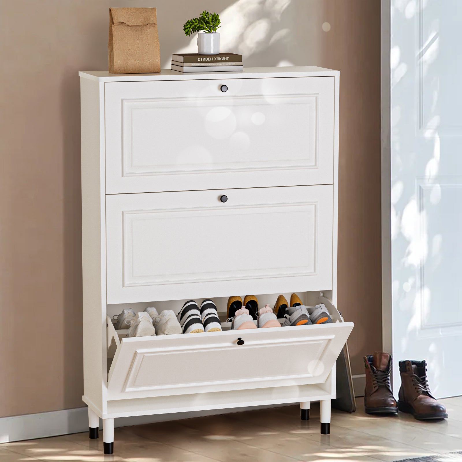 Shoes Storage Cabinet for Entryway,Narrow Shoe Rack Cabinet,Shoe Cabinet with 3 Flip Drawers, Freestanding Shoe Organizer with Legs,Slim entry storage manager with large storage capacity