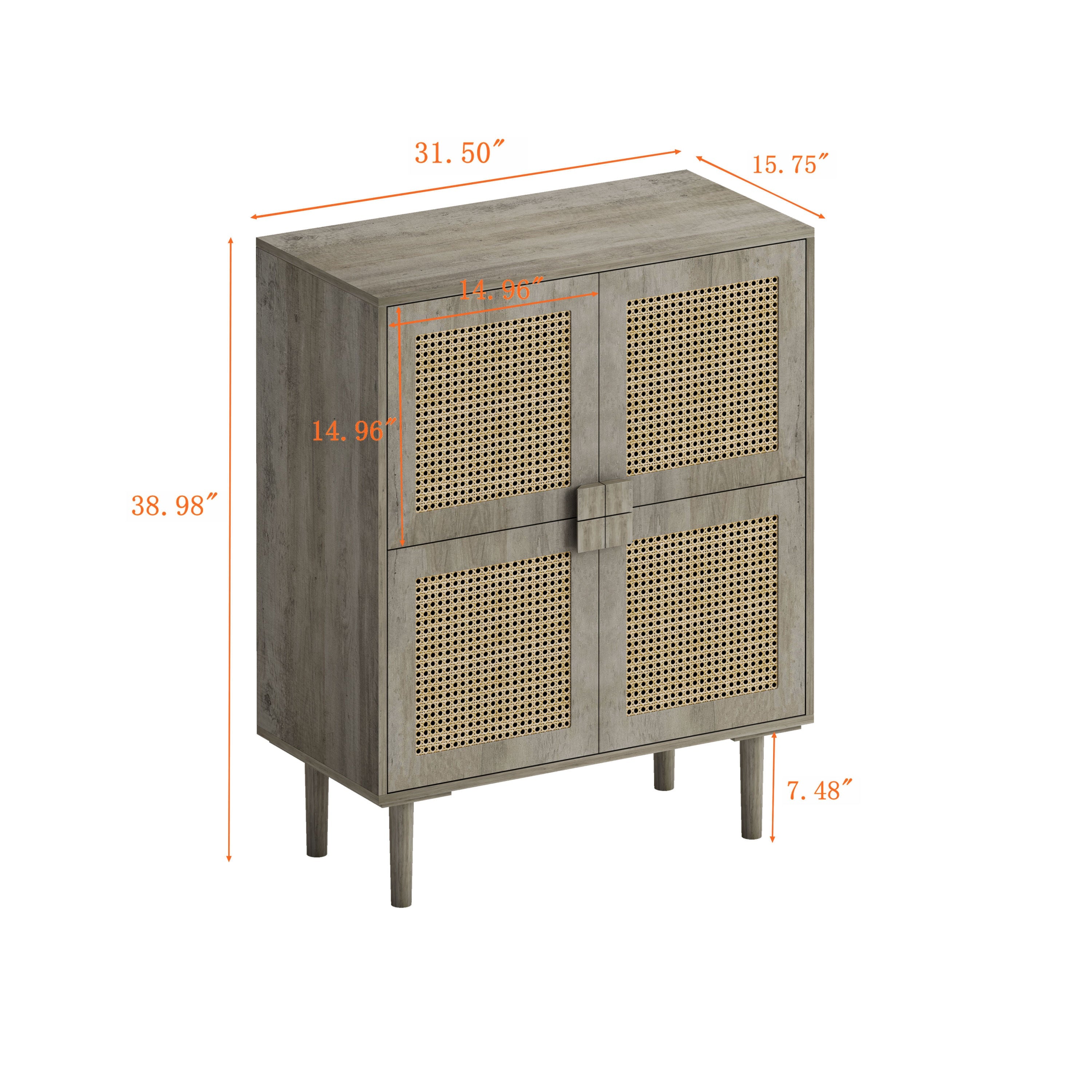 4-Doors Rattan Mesh Storage Cabinet, Sideboard with Eight Storage Spaces, for Entryway, Living Room, Hallway (Grey with Woodgrain)