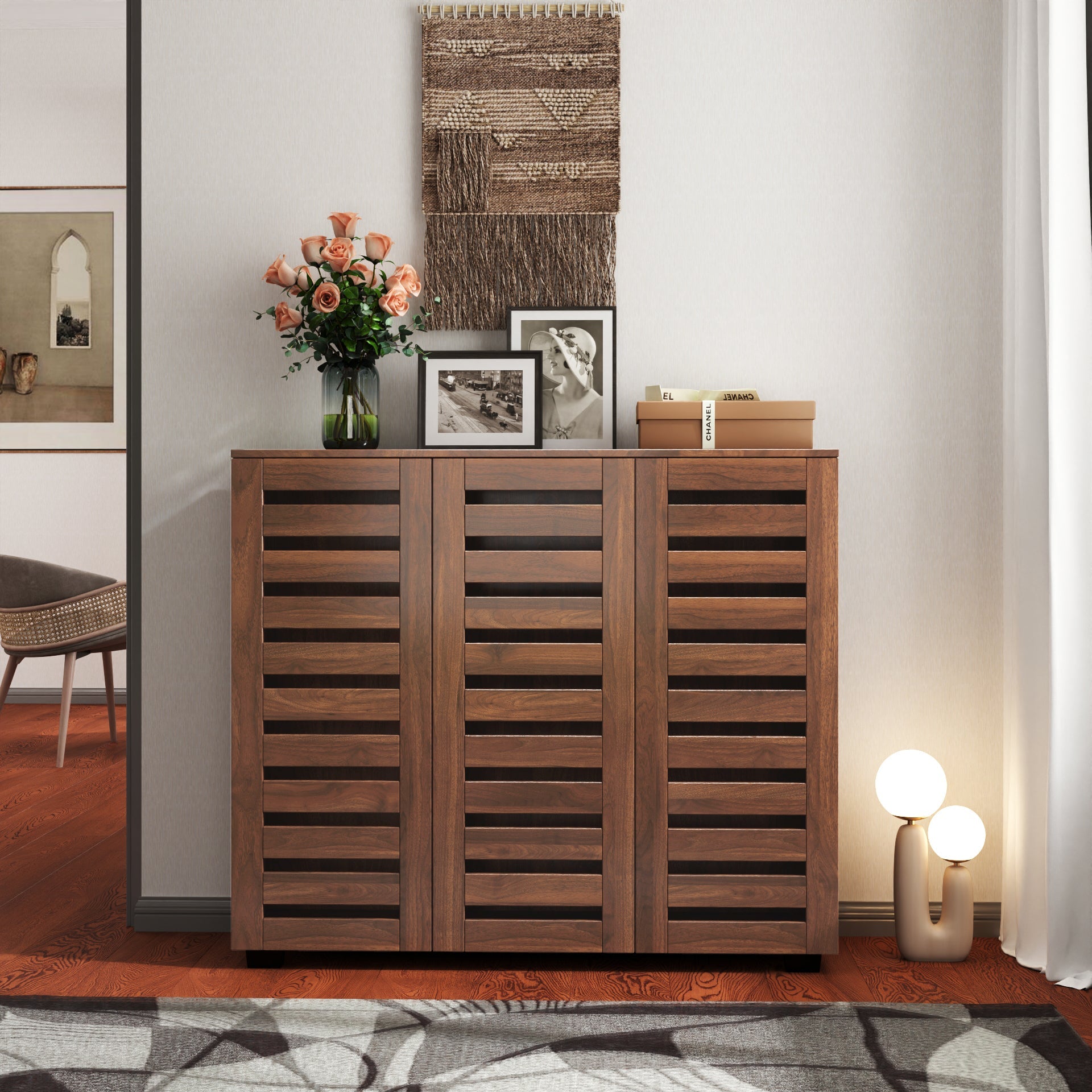 Shoe Cabinet, 5-Tier Shoe Storage Cabinet with Adjustable Shelves, Wooden Shoe Rack Organizer with Louvered Doors for Entryway, Hallway, Bedroom, Closet, Living Room