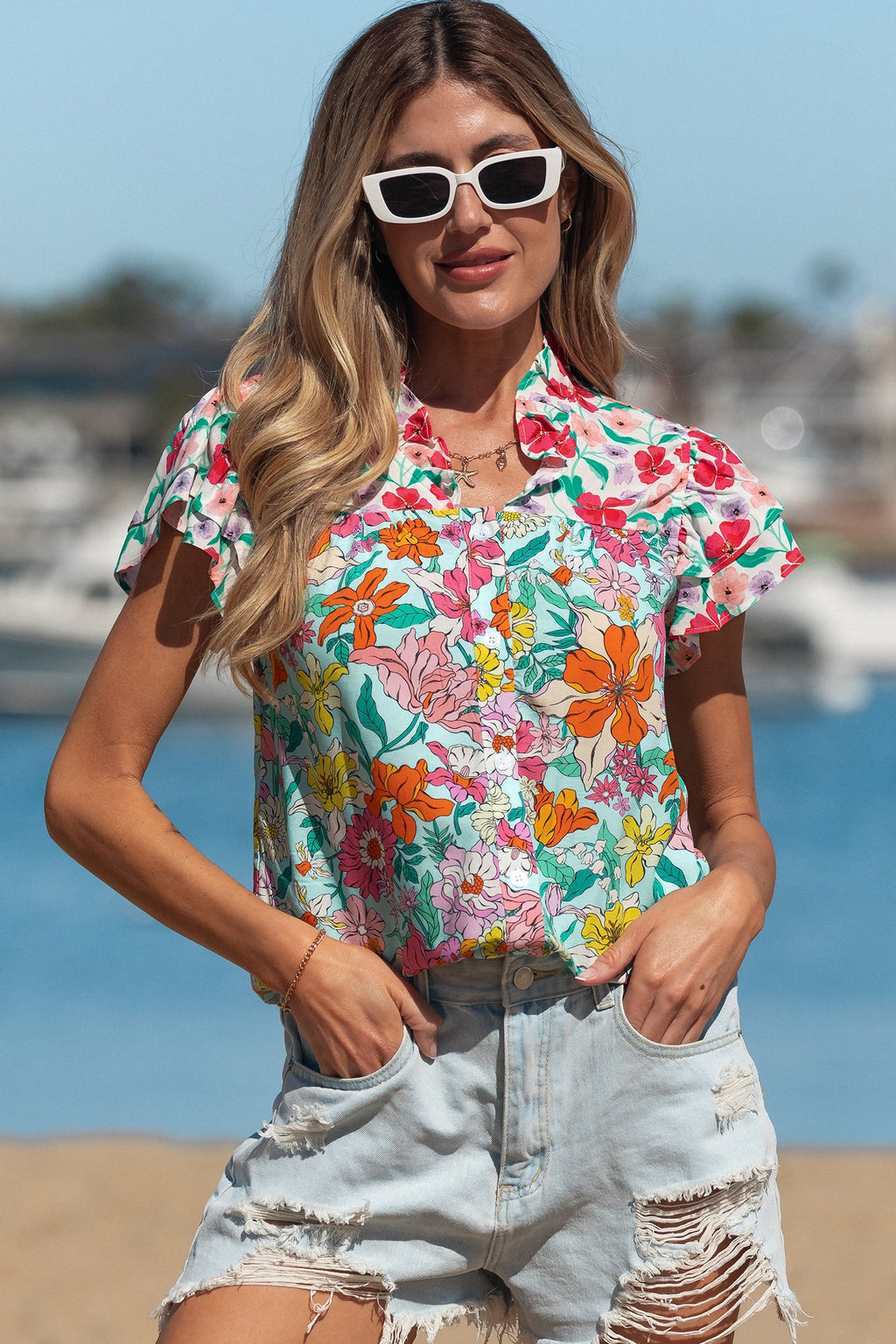Floral Flutter Sleeve Split Neck Buttoned Blouse