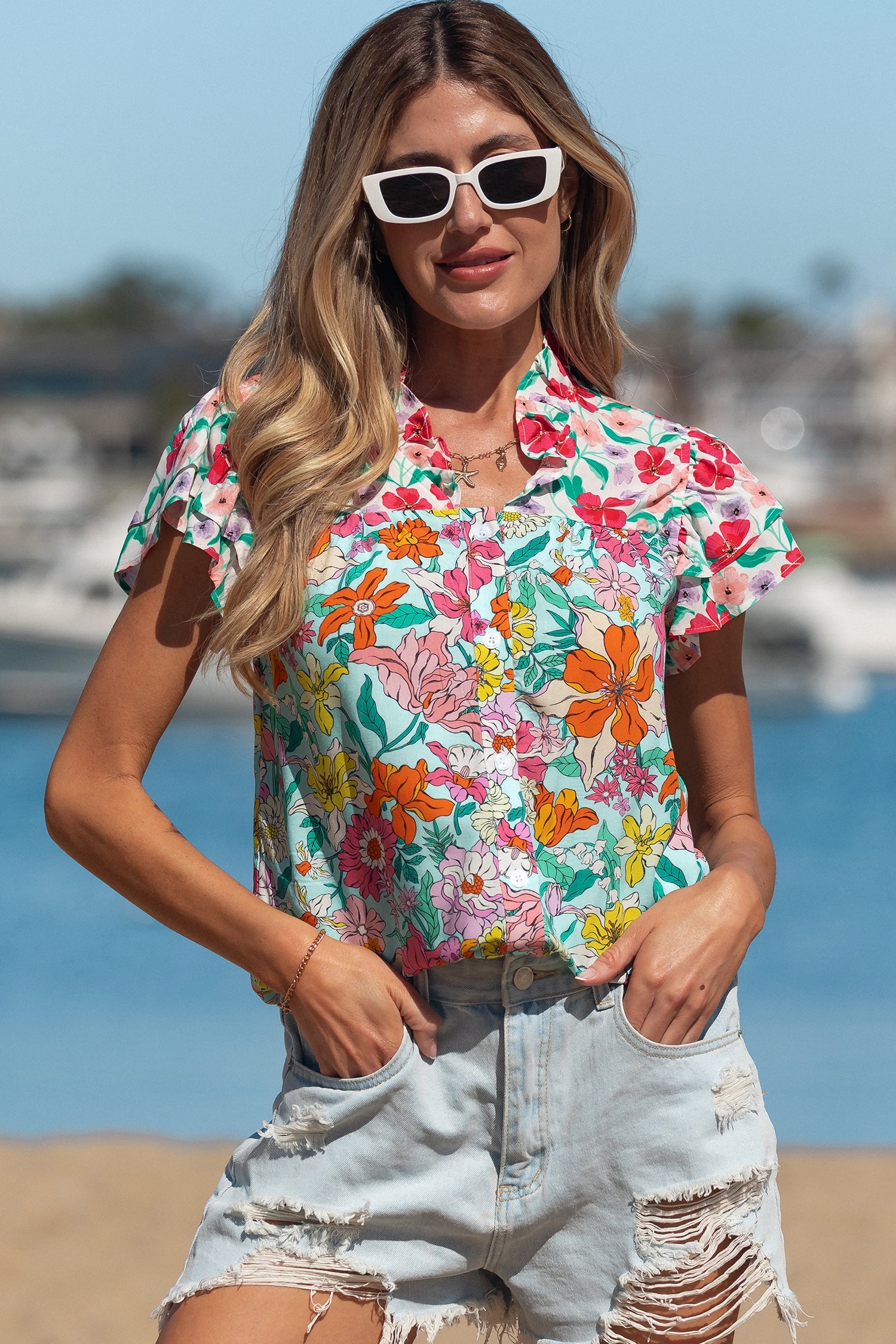 Floral Flutter Sleeve Split Neck Buttoned Blouse