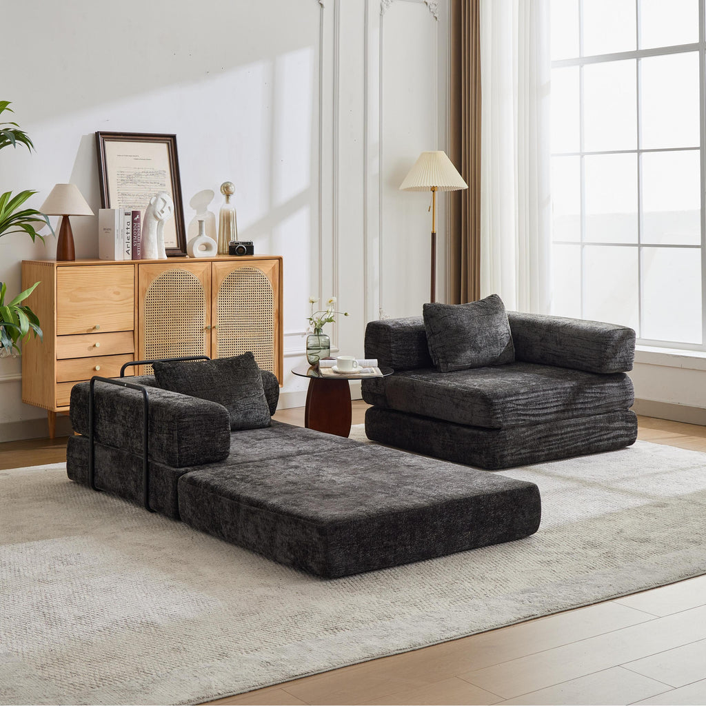 Compression Sofa,Convertible Floor Sofa Bed with Fixed-Shape Frame, Loveseats Boneless Modular Sectional Sofa,No Assembly Required,Chenille fabric,for Living Room Bedroom,Black