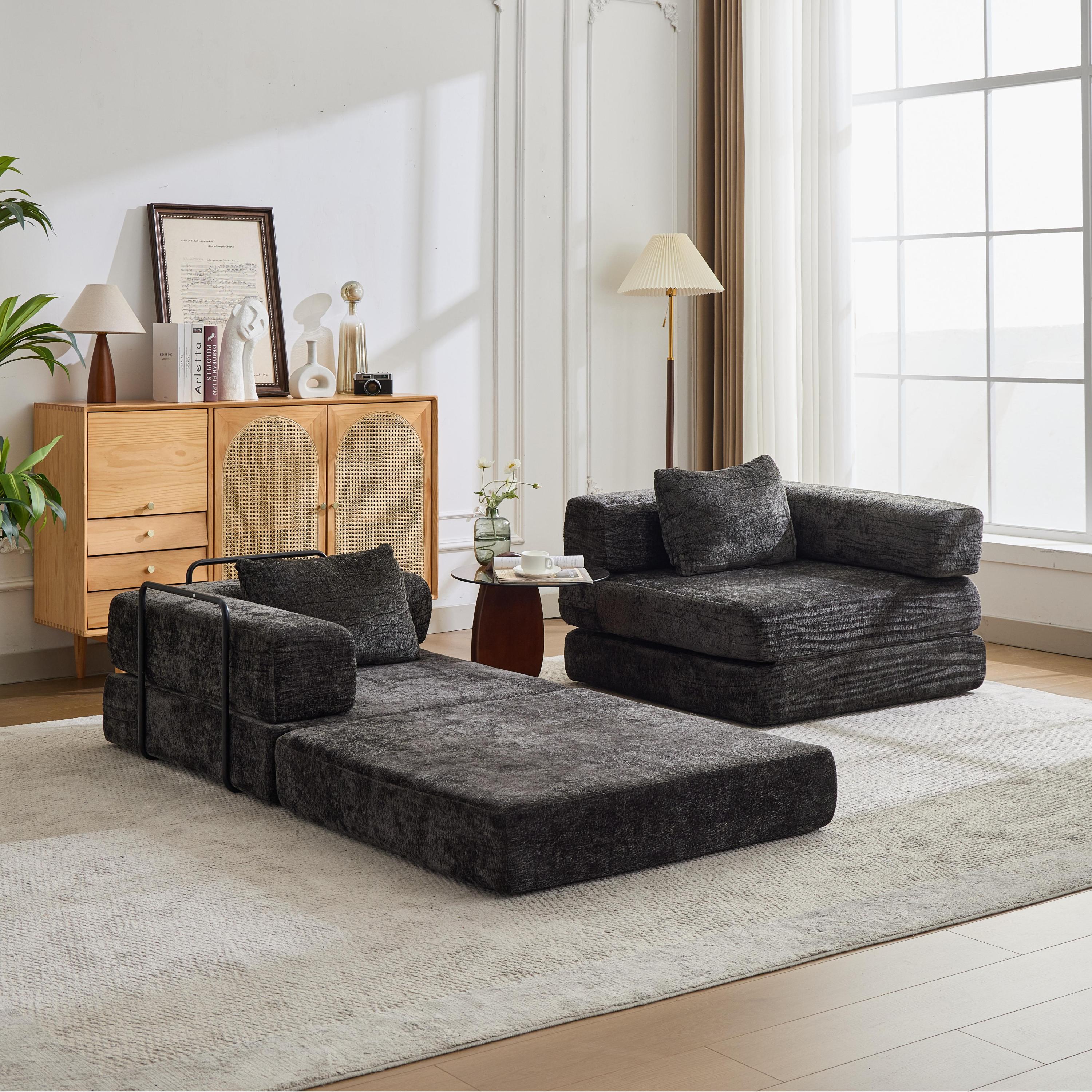 Compression Sofa,Convertible Floor Sofa Bed with Fixed-Shape Frame, Loveseats Boneless Modular Sectional Sofa,No Assembly Required,Chenille fabric,for Living Room Bedroom,Black
