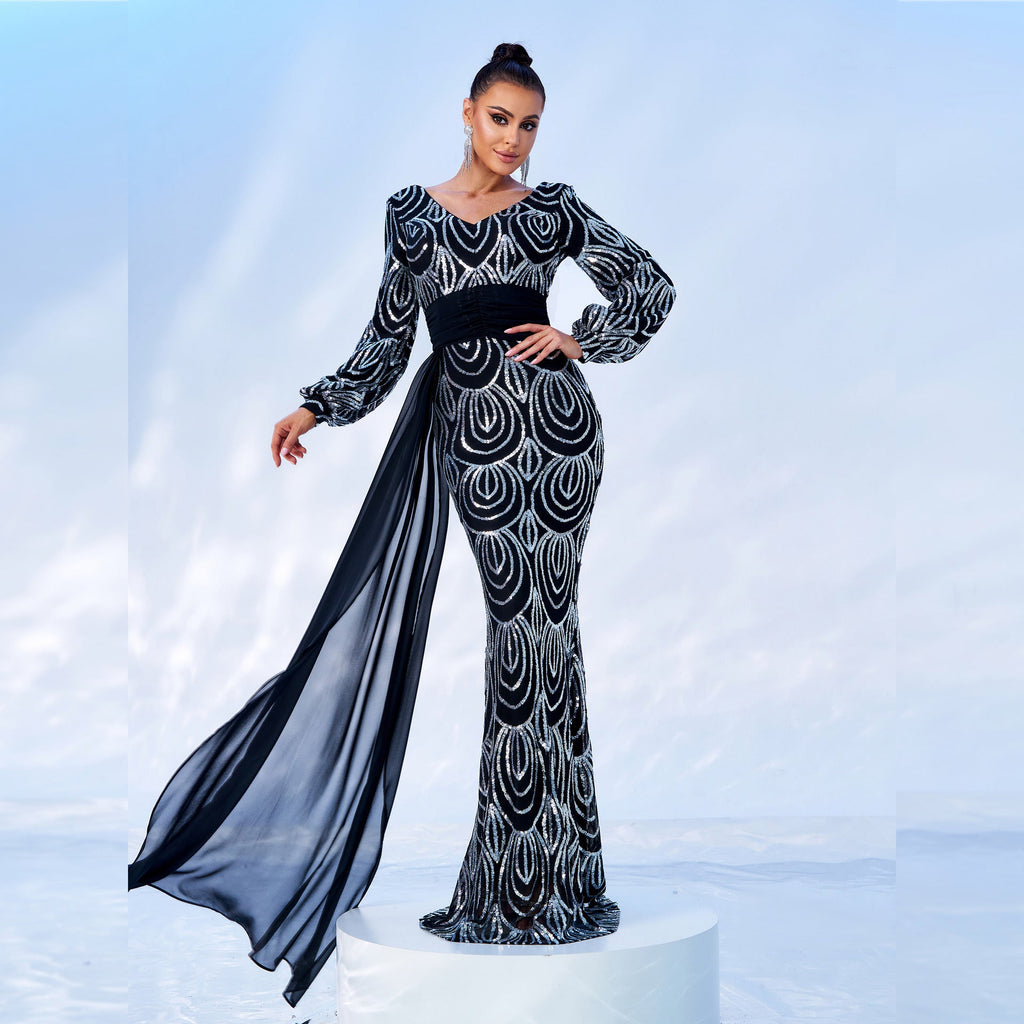 Long Sleeve Sexy Long Sequined V-neck Banquet Ribbon Evening Dress (See size chart where applicable)